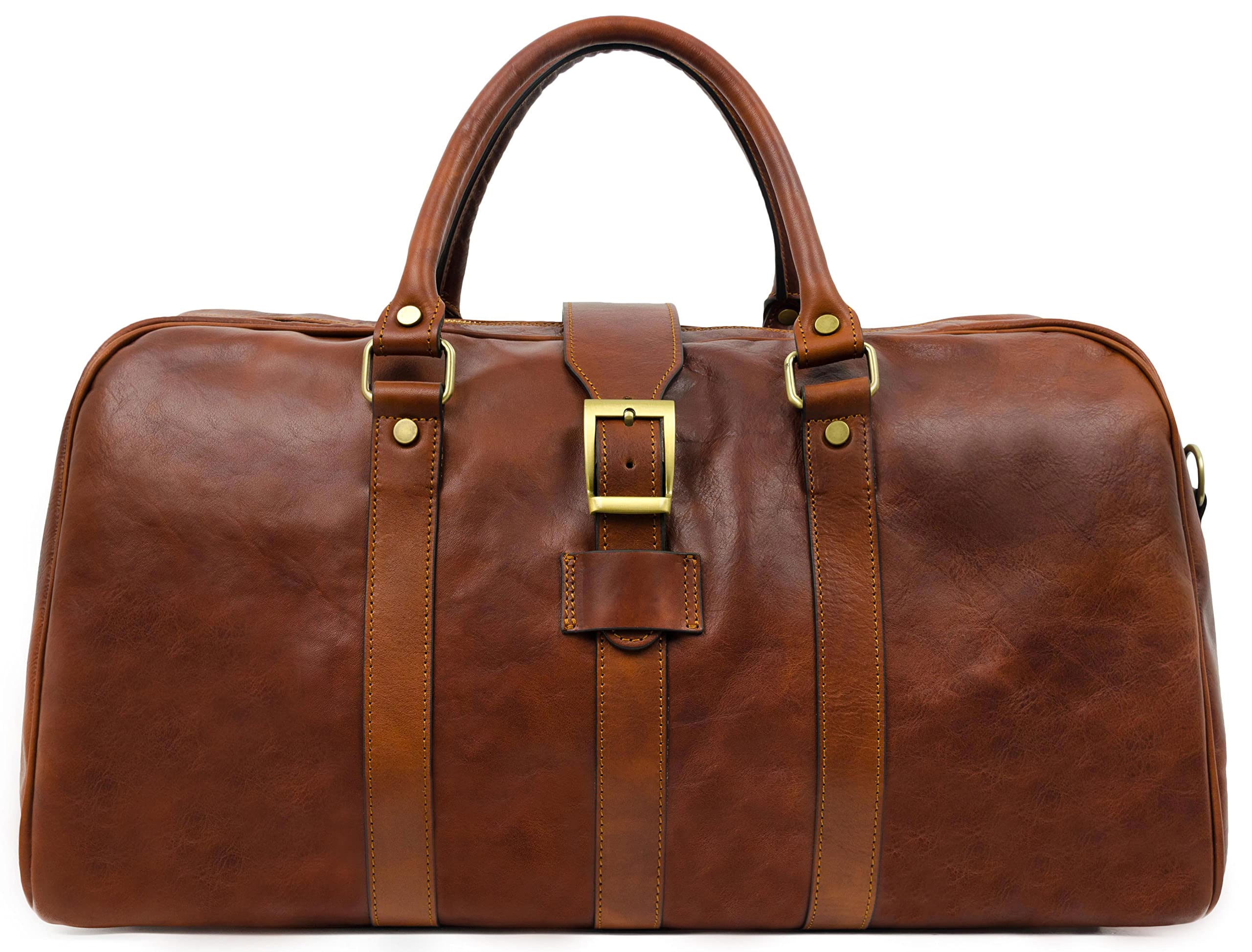 Premium Full Grain Leather Duffle Bag for Men & Women - Waterproof Travel Duffel Carry On Bag - Vintage Cognac Brown - Perfect for Business Trips, Gym & Weekend Getaways