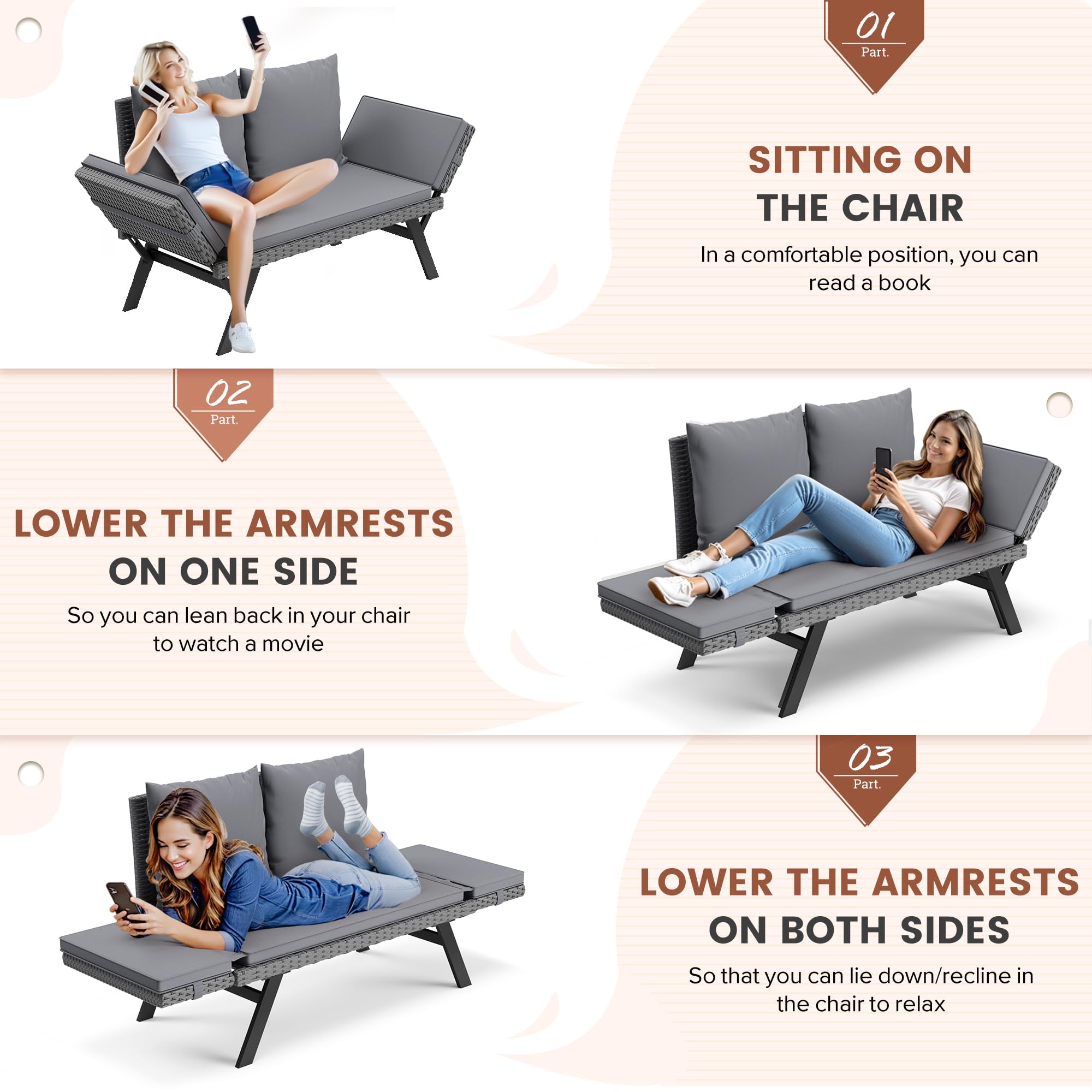 Flamaker Outdoor Convertible Sofa - Woven Rattan Patio Furniture Sunbed with Adjustable Armrests, Removable Cushions & Pillows - Perfect for Patio, Porch, Poolside Lounging (Grey Lounger & Grey Pillowcase) | Outdoor Relaxation, Backyard Decor, Sunbathing Furniture