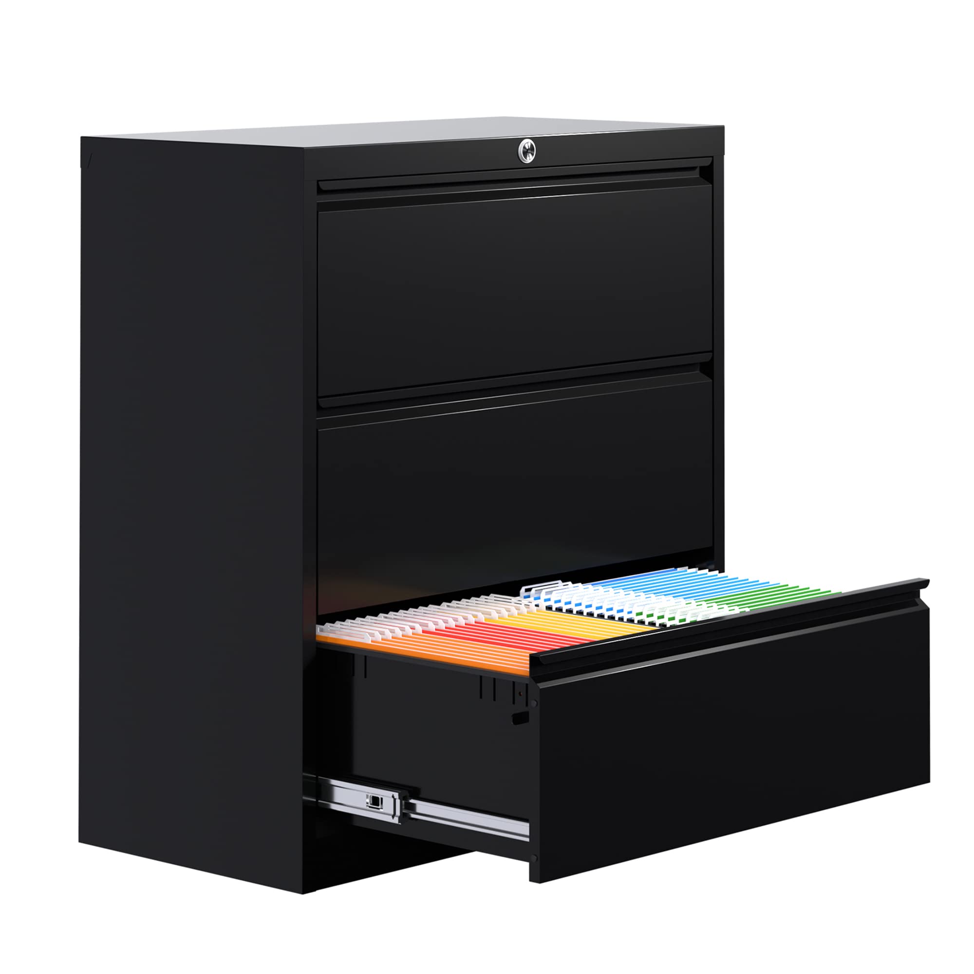 3-Drawer METAN Lateral File Cabinet - Locking Steel Filing Cabinet for Legal/Letter/A4 Documents - Home & Office Storage Organizer - Easy Assembly - Black - Perfect for Office, Study Room & Home Workspace Organization