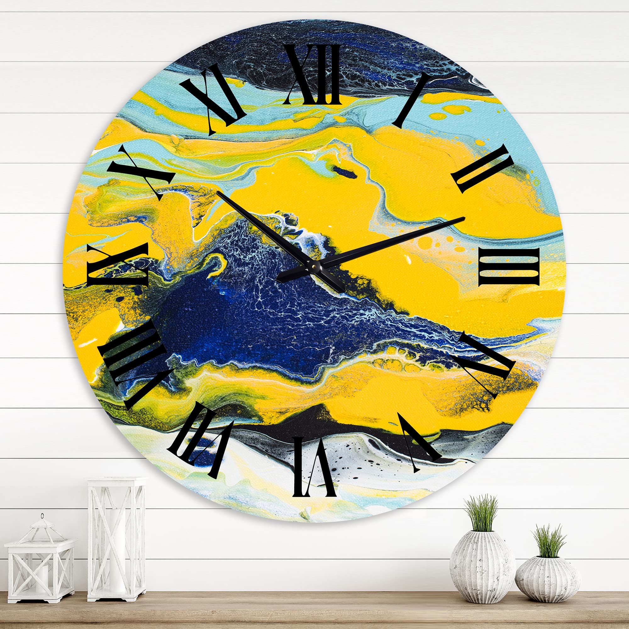 Abstract Marble Wall Clock - Modern Large Yellow & Blue Fractal Design for Living Room Decor | Perfect for Home, Office & Contemporary Interior Design