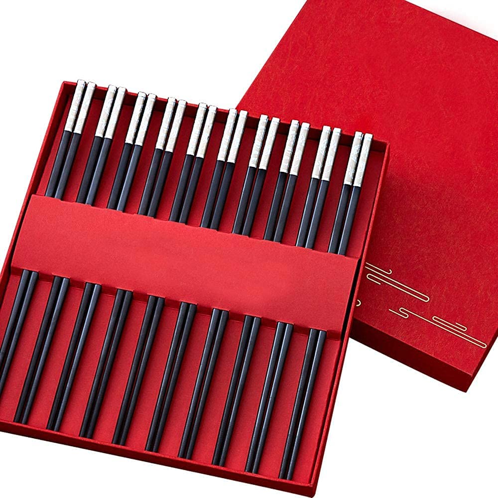 Premium Reusable Metal Chopsticks Set - 10 Pairs Stainless Steel & Alloy Chopsticks with Gift Box (27.2cm) - Durable Fiberglass Cooking Chopsticks for Asian Cuisine, Sushi, Ramen & Home Dining