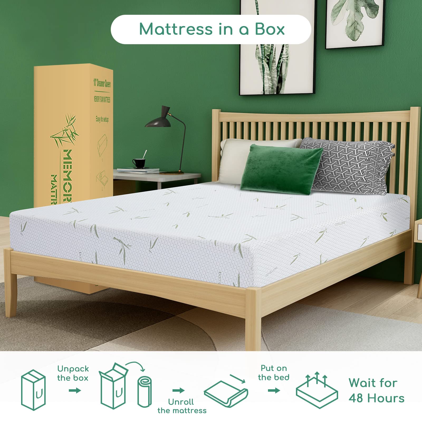10 Inch Memory Foam Mattress in a Box - Medium Firm Green Tea Gel for Pressure Relief, Breathable Bamboo Cover, CertiPUR-US Certified, Made in USA | Perfect for Back Pain Relief, Guest Rooms & Small Apartments