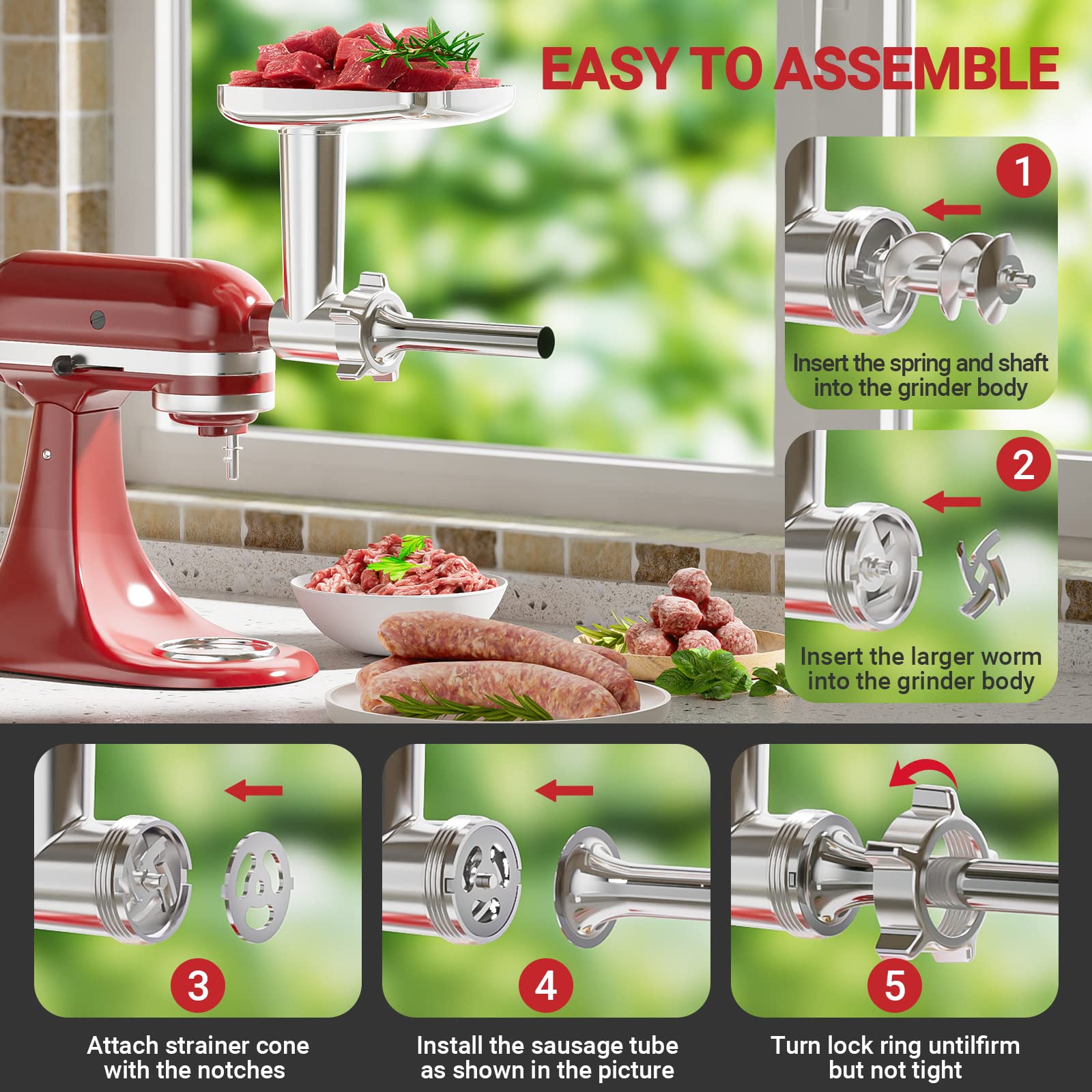 KitchenAid Stand Mixer Metal Food Grinder Attachment - Heavy Duty Meat Grinder & Sausage Stuffer Kit with 3 Accessories for Fresh Ground Beef, Sausage Making & Home Kitchen Use
