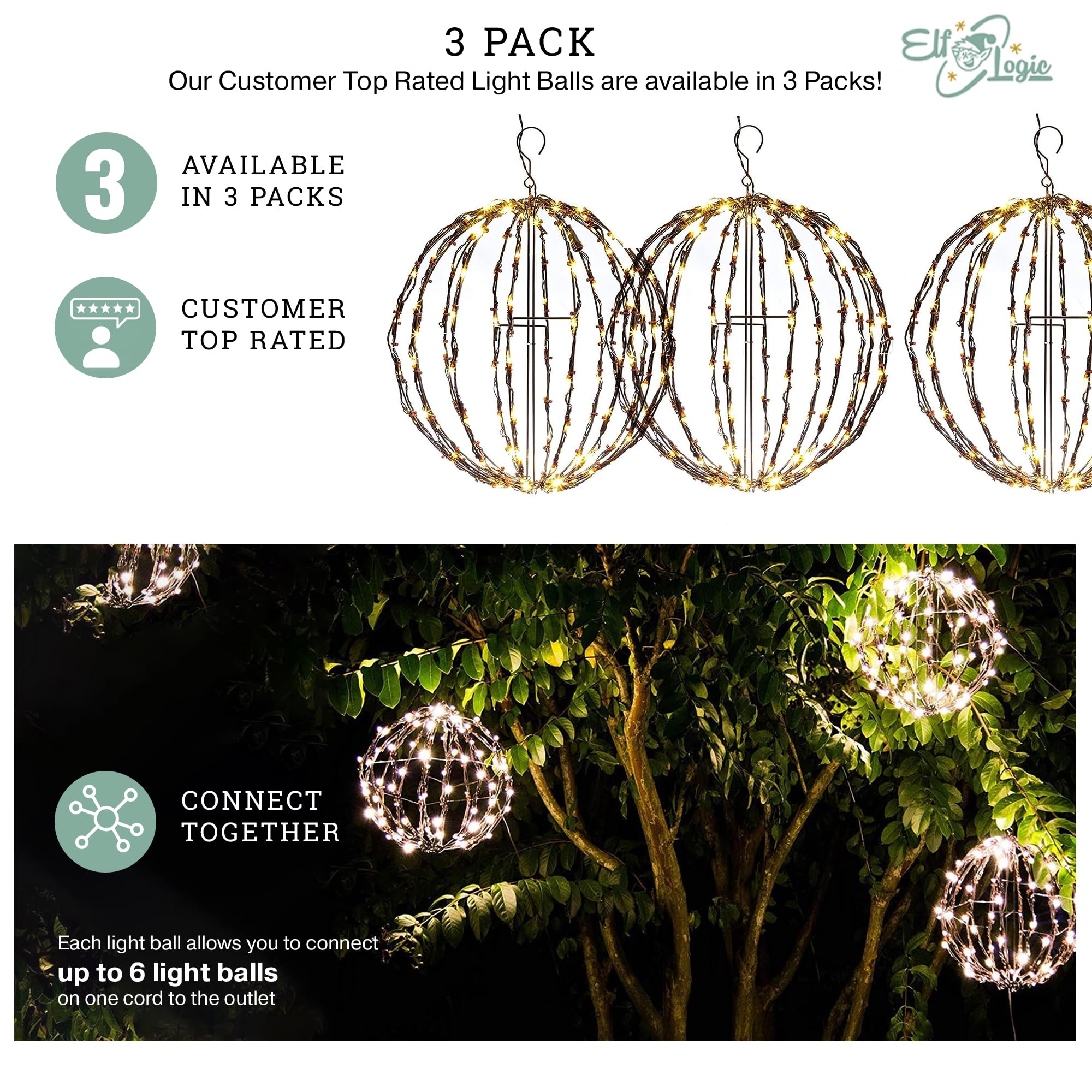 Elf Logic 3 Pack 16” LED Christmas Light Balls - Indoor/Outdoor Waterproof Holiday Decorations | Warm White String Lights for Christmas Tree, Patio, Garden, Wedding & Party Decor | Energy Efficient Durable Decorative Lighting