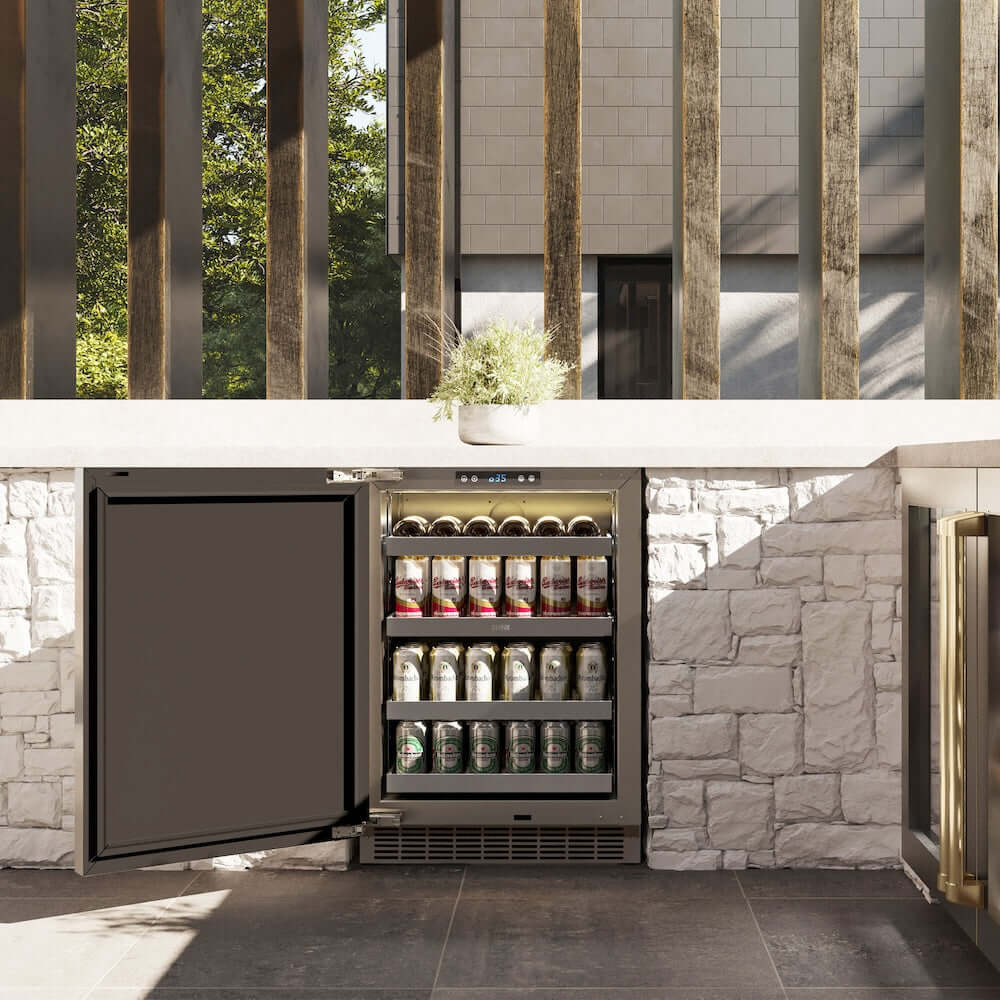 ZLINE Autograph Edition 24 Inch Touchstone 151 Can Beverage Refrigerator - Stainless Steel Door with Champagne Bronze Handle - Compact Drink Cooler for Home, Office, or Bar Use (RBSOZ ST 24 CB)
