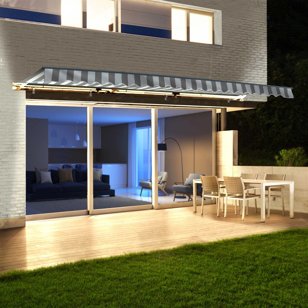 12 x 10 Feet Aleko Half Cassette Motorized Retractable LED Patio Awning - Gray & White Stripes for Outdoor Shade & Backyard Relaxation