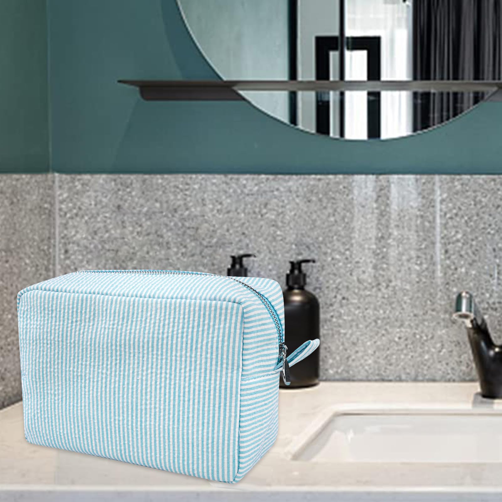 Cute Lightweight Makeup Bag for Women - Seersucker Cosmetic Organizer, Perfect Gift for Girls & Moms - Travel & Daily Use