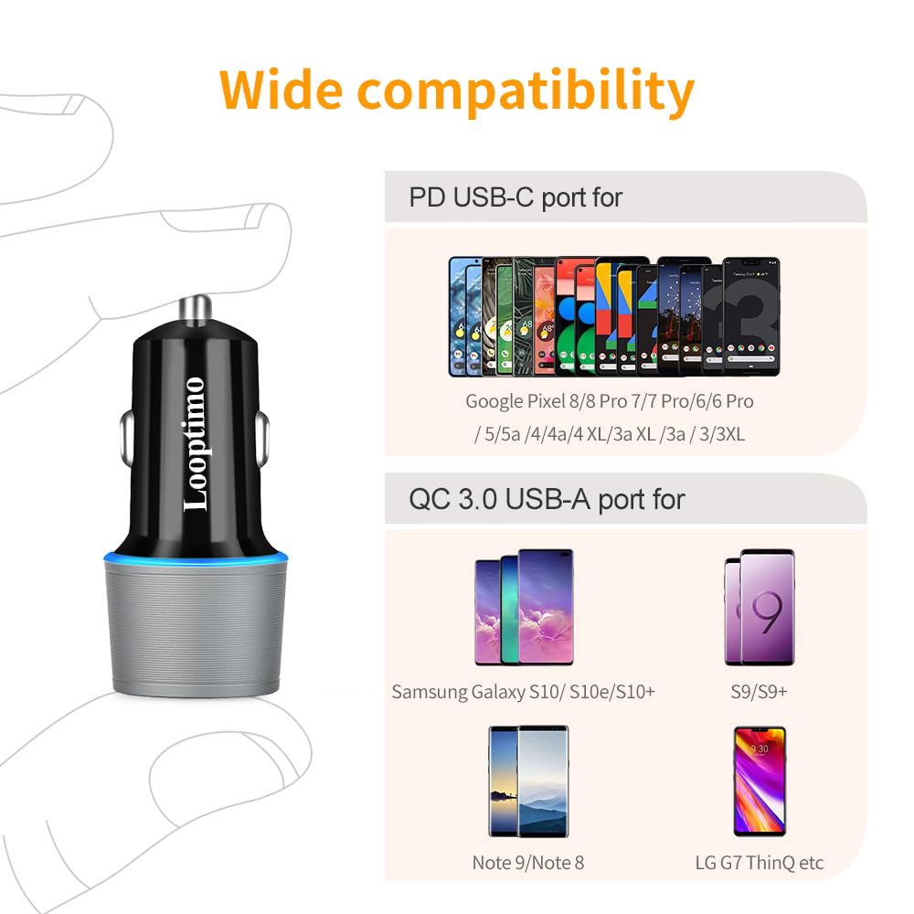 Looptimo 48W Fast USB C Car Charger with PD & QC 3.0 - Compatible with Google Pixel 9/9 Pro XL/8/8 Pro/7/7 Pro/6/6a/6 Pro/5a/5/4/4 XL - Includes 3.3Ft Type C Cable - Perfect for Road Trips & Fast Charging on the Go