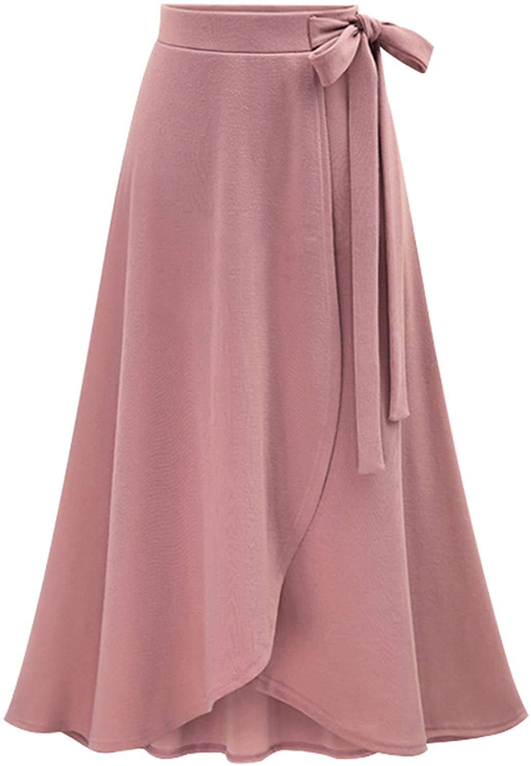 YULUOSHA Women's A-Line High Waist Stretchy Bow Tie Pleated Flared Midi Maxi Skirt - Casual Swing Skirt for Office, Party, and Daily Wear