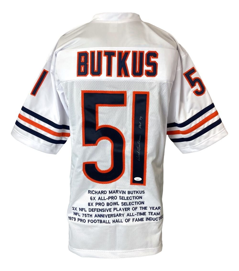 Dick Butkus Chicago Bears Signed White Football Jersey - HOF 1979 - JSA Certified - Perfect for Sports Memorabilia Collectors and Chicago Bears Fans Display