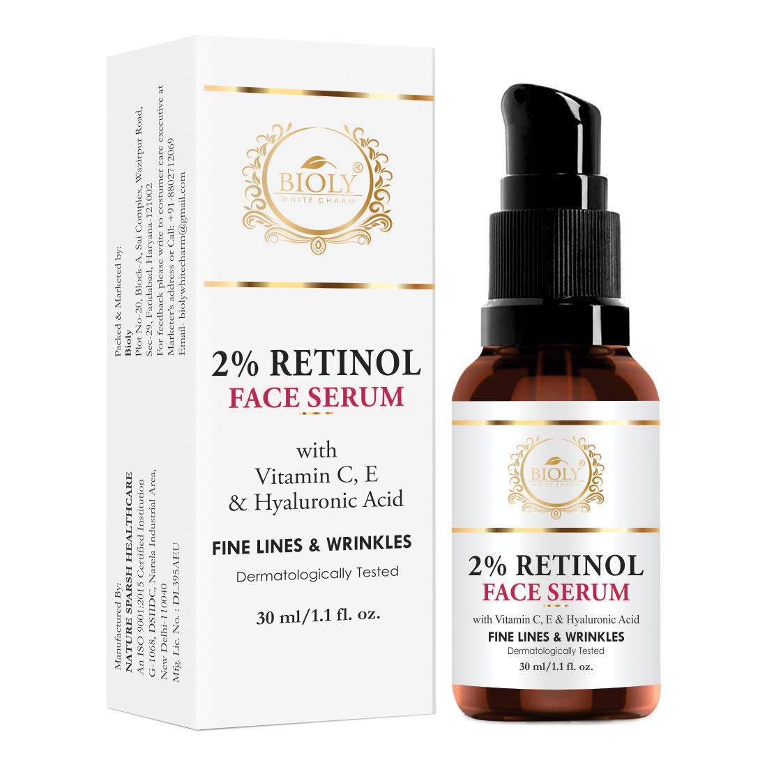 Bioly White Charm 2% Retinol Face Serum with Vitamin C, E & Hyaluronic Acid - Anti-Aging Treatment for Fine Lines & Wrinkles - 30ml - Brightening & Hydrating Skincare for Day & Night Use