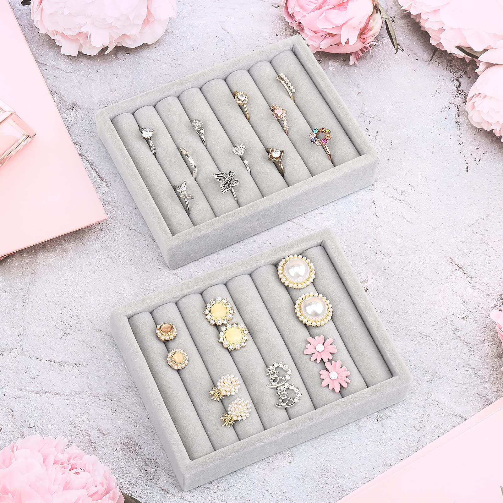 DesignSter Small Jewelry Tray - 2PCS Velvet Ring Organizer & Stackable Jewelry Display Tray, Jewelry Drawer Organizer Inserts for Dresser and Jewelry Box (Gray) - Perfect for Bedroom Vanity, Travel Jewelry Storage and Gift Giving