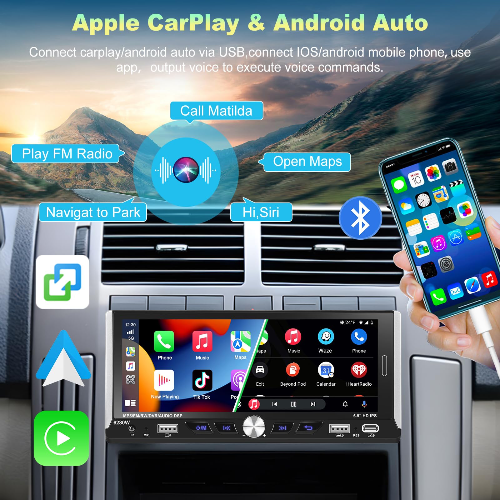 Podofo 6.9 Inch 1 Din Car Stereo with Wireless Apple CarPlay & Android Auto, Bluetooth Receiver, Rearview Camera, Built-in Mic | In-Dash Multimedia Player for Seamless Music Streaming & Hands-Free Calling While Driving