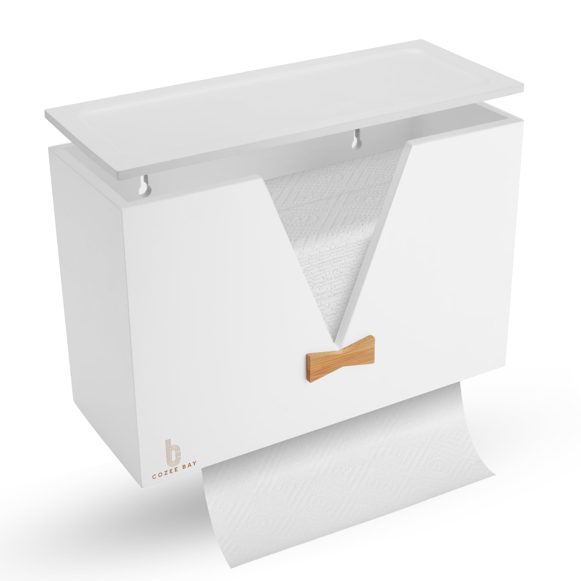 Eco-Friendly Cozee Bay Bamboo Paper Towel Dispenser with Lid - Wall Mount or Countertop Holder for Kitchen, Bathroom & Office (White) | Sustainable & Durable for Home & Commercial Use