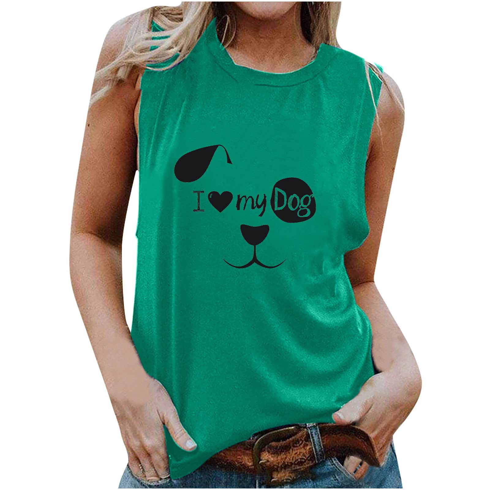 2024 Women's Summer Dog Paw Print Casual Loose T-Shirt - Cute Sleeveless Crew Neck Top for Dog Lovers | Perfect for Beach Outings, Dog Park Visits & Casual Summer Wear