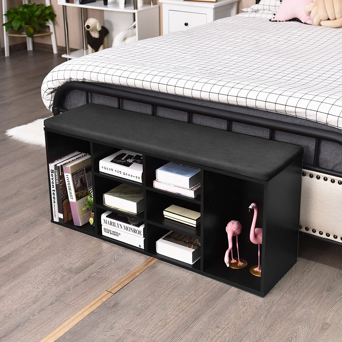 10-Cube Shoe Storage Bench with Padded Seat & Adjustable Shelves - Entryway Organizer for Living Room, Bedroom, Hallway & Mudroom - Perfect for Small Space Organization & Shoe Display (Black)