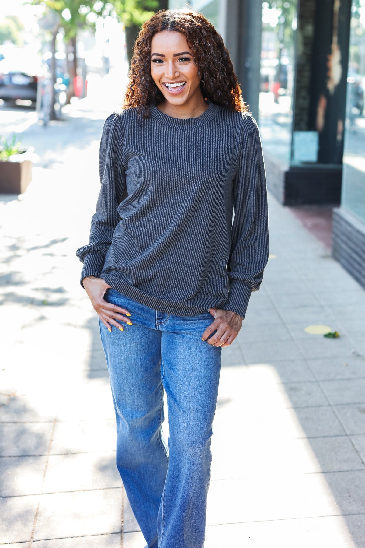 Everyday Charcoal Rib Mineral Wash Long Sleeve Top for Women | Soft Comfortable Casual Shirt | Perfect for Work, Weekend & Layering