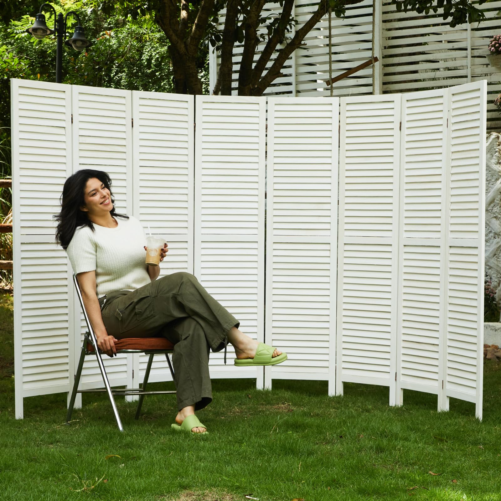 Wooden Room Dividers & Folding Privacy Screens - 8 Panel Louvered Partition Wall for Home Office, Bedroom, Studio - White Washed Finish for Modern Décor & Space Separation