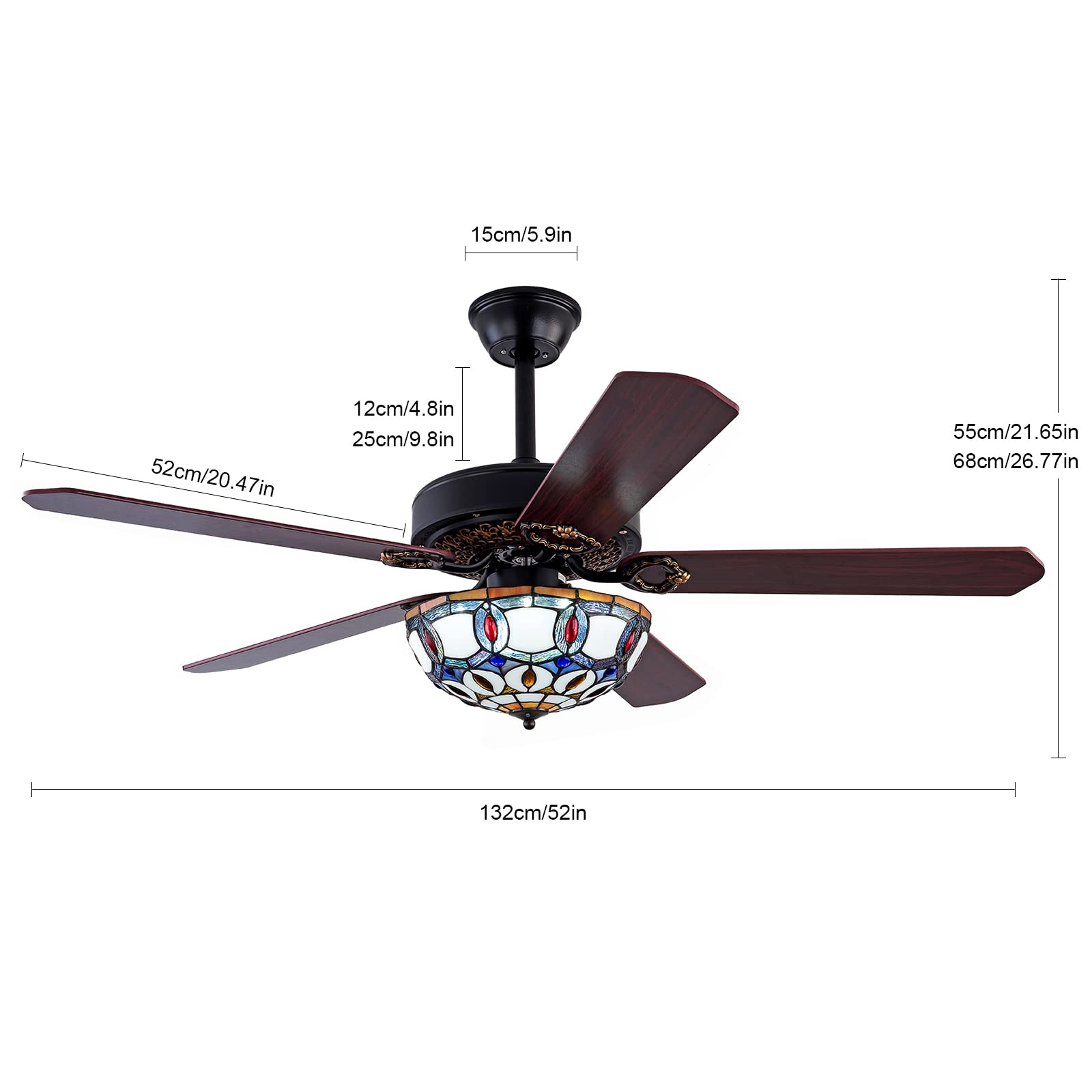 52 Inch Tiffany Style Ceiling Fan with LED Lights and Remote Control - Traditional Low Profile Wooden Blades, 5 Reversible Mid-Century Design - Perfect for Living Room, Bedroom, Kitchen and Office Spaces