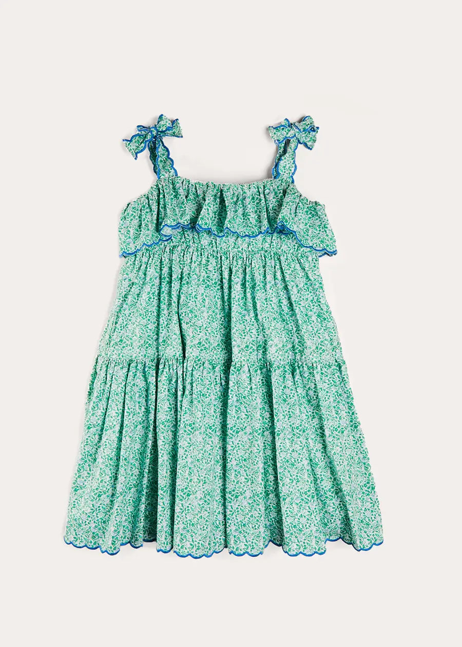 Adelaide Floral Tiered Tie Strap Dress for Girls 4-12 Years | Green Summer Dress with Adjustable Straps | Perfect for Birthday Parties, Family Gatherings & Outdoor Events