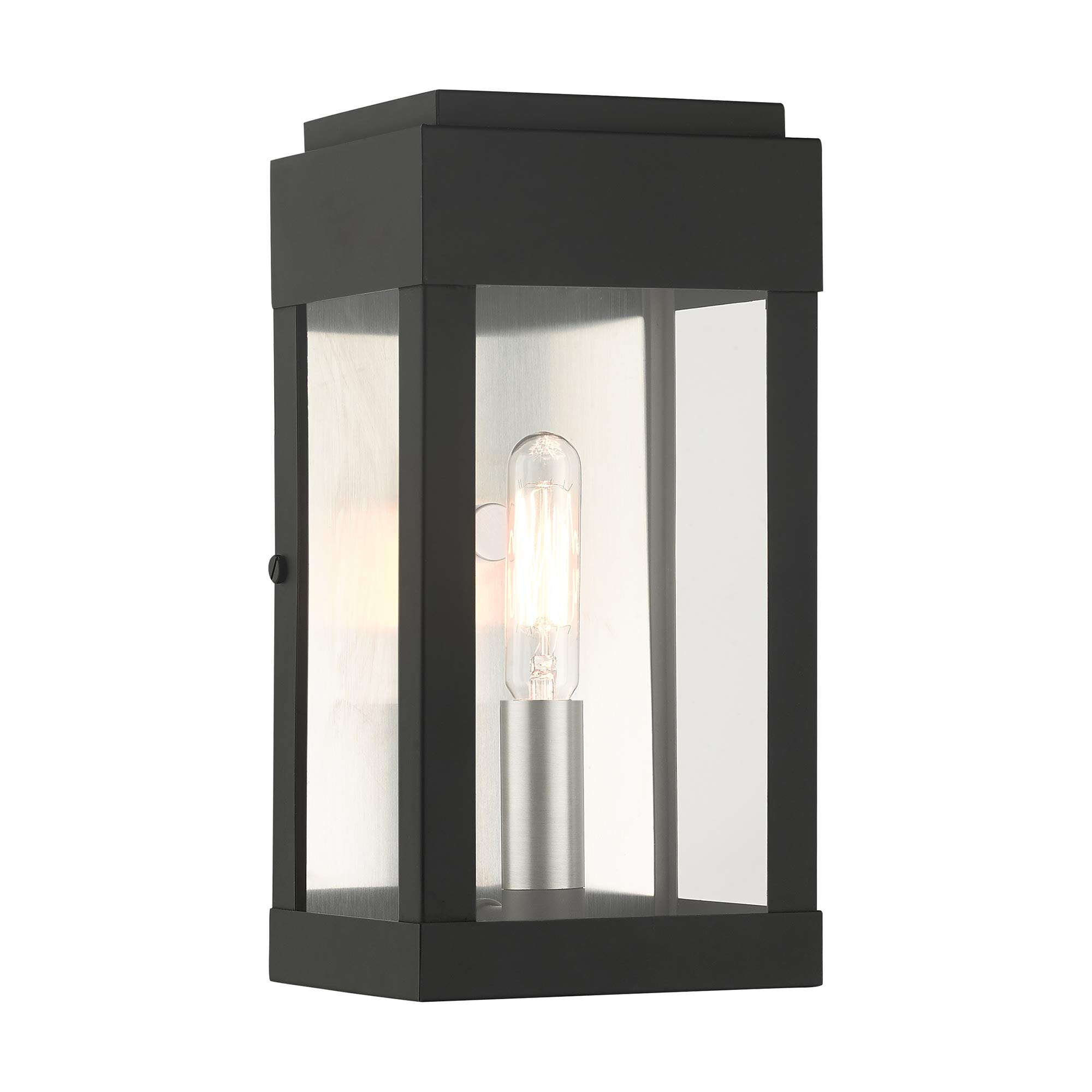 Livex Lighting 21231-04 York 1 Light Outdoor Wall Lantern - Black with Brushed Nickel Finish, ADA Compliant, Stainless Steel Reflector - Perfect for Porch, Patio, and Garden Lighting