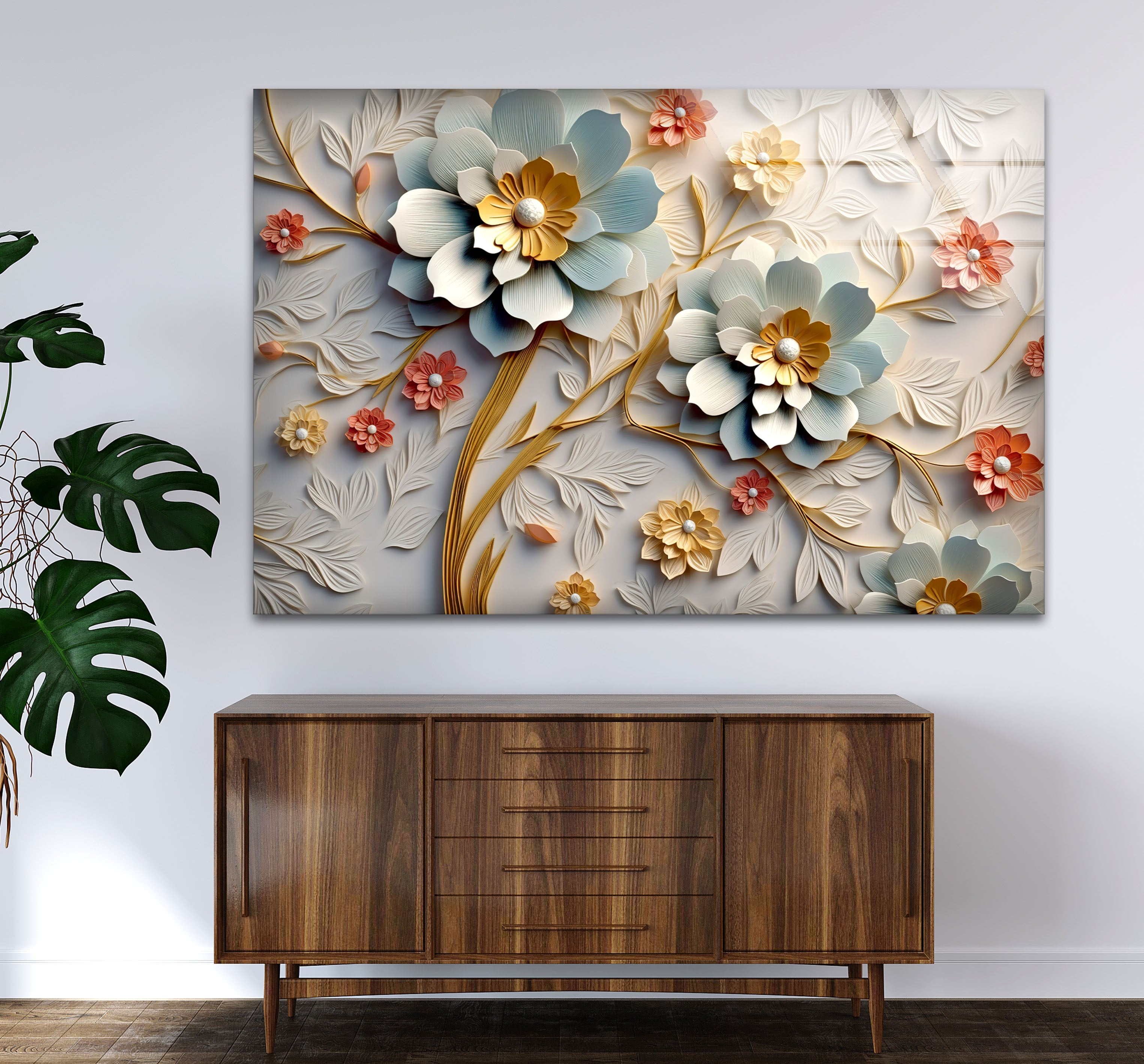 3D Blooming Flower Wall Art - Elegant Embossed Glass Floral Print for Home Decor, Living Room, Bedroom, Office | Modern Botanical Wall Decor for Interior Design