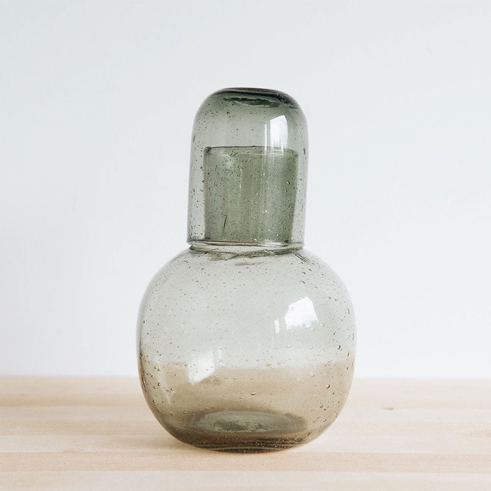 Hand Blown Glass Carafe & Cup Set - Deep Sage Green - Perfect for Wine, Water, or Juice Serving - Elegant Home & Dining Decor