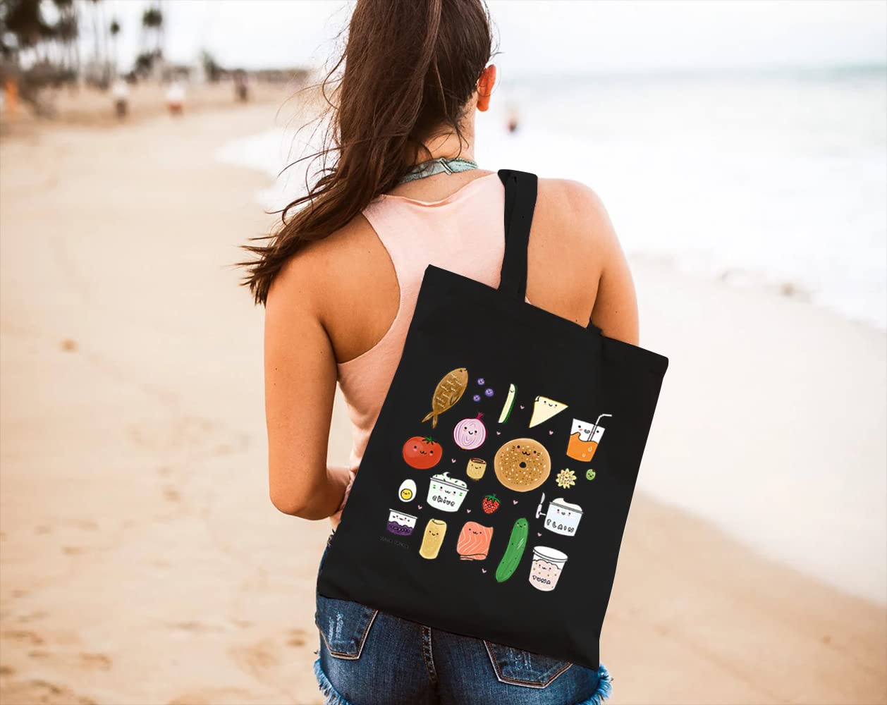 Bagel & Friends Canvas Tote Bag for Women - Cute Food Print Reusable Grocery Shopping Bag - Eco-Friendly Shoulder Bag Perfect for Market Trips, Beach Days & Gift Giving