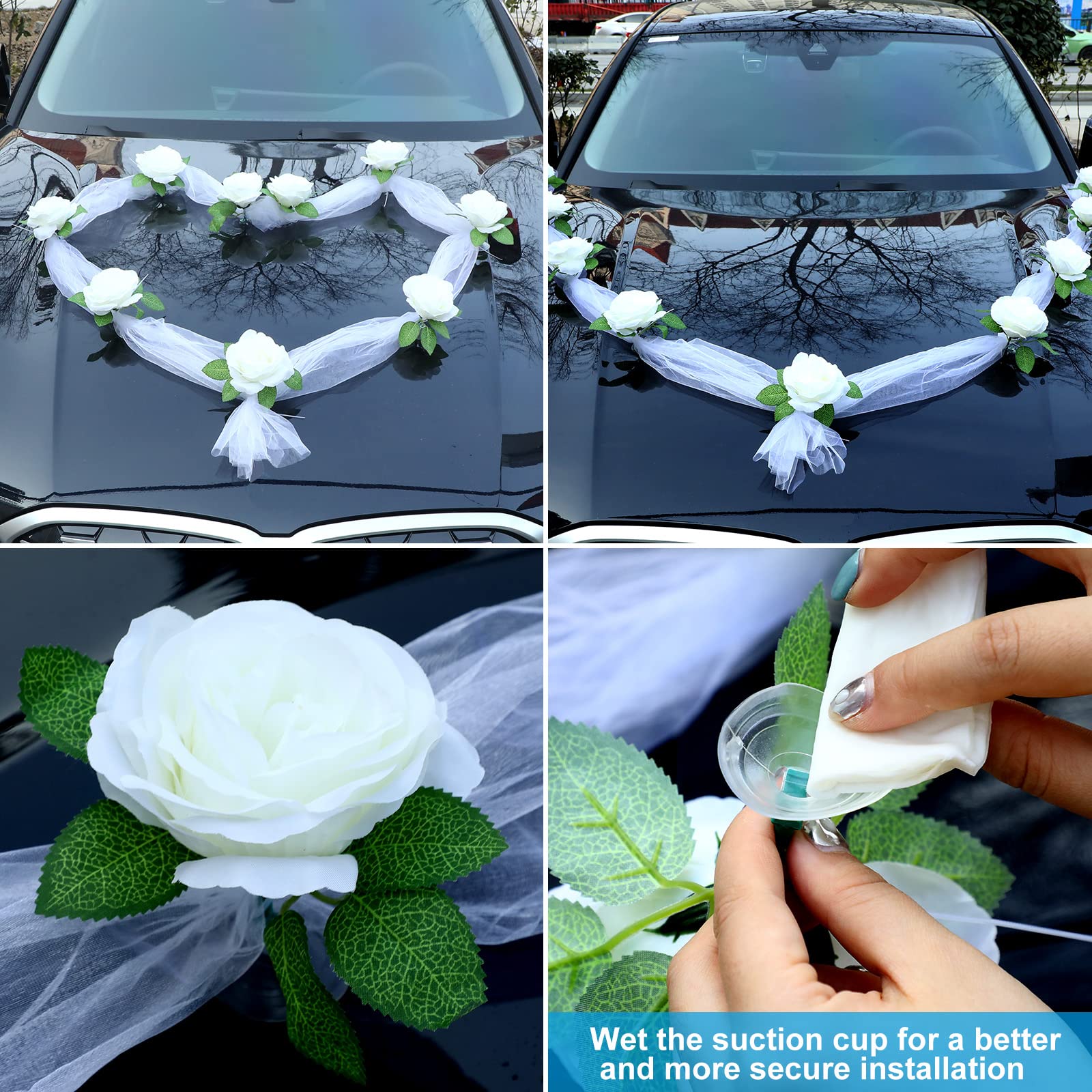 9 Pcs Just Married Car Decorations Set - Magnetic Wedding Car Signs, Banners, Decals & Silk Ribbon Flowers with Pearl Buds - Perfect for Bridal Sendoff, Wedding Procession & Honeymoon Getaway