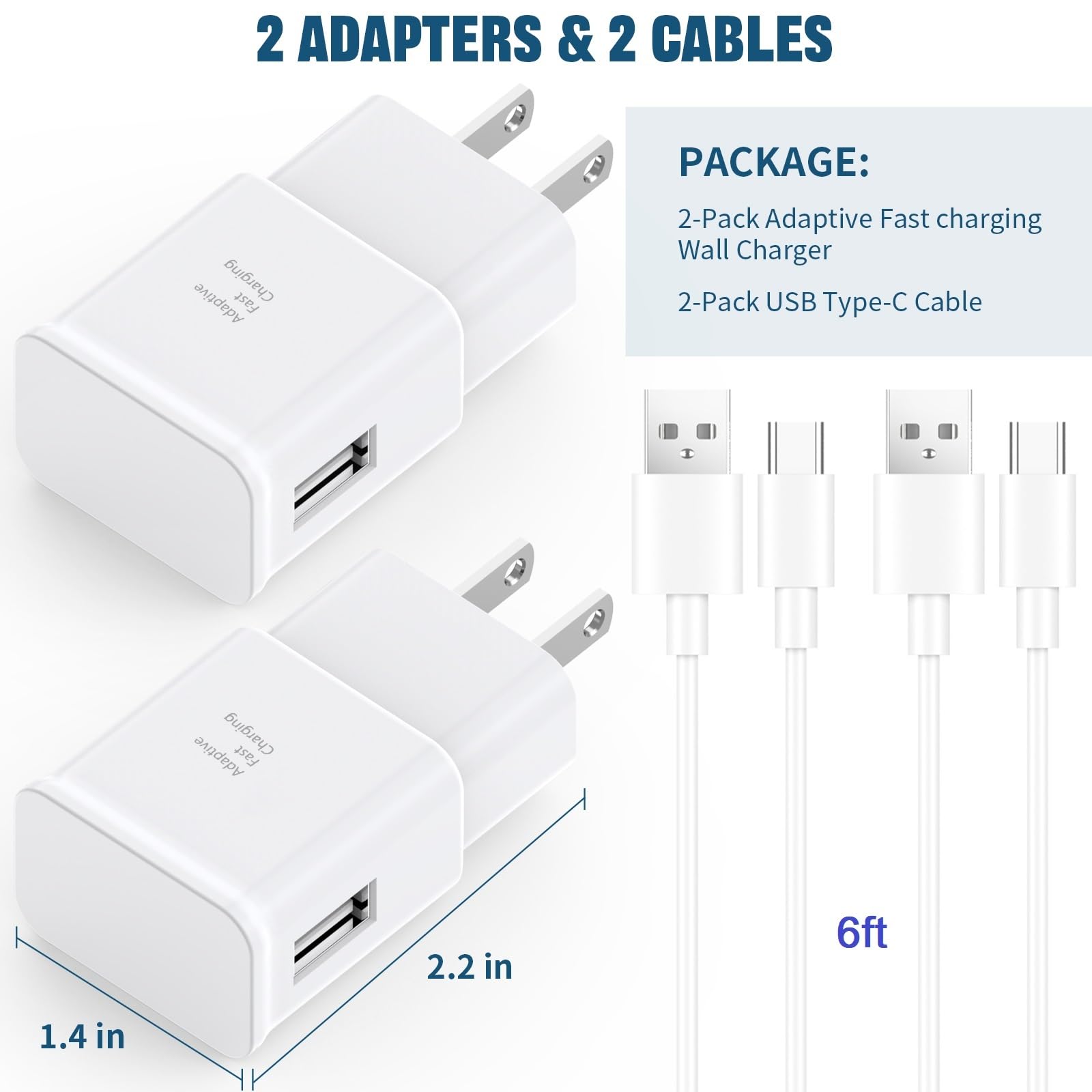Fast Charging Cable & Wall Charger Block 2-Pack for Samsung Galaxy S10/S9/S8/Note 20/10/9/8/S20/S21/S22/S23/S24 Ultra/A52/A53/A54/A55 - 6ft USB-C Cable with Quick Charge - Perfect for Home, Office & Travel Charging