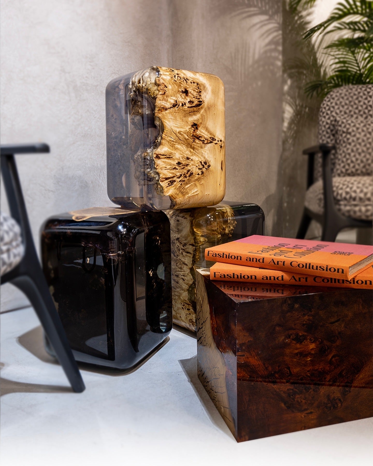 Modern Resin Cube Side Table with Epoxy Wood Design - Stylish Accent Stool for Living Room, Bedroom, or Office Decor
