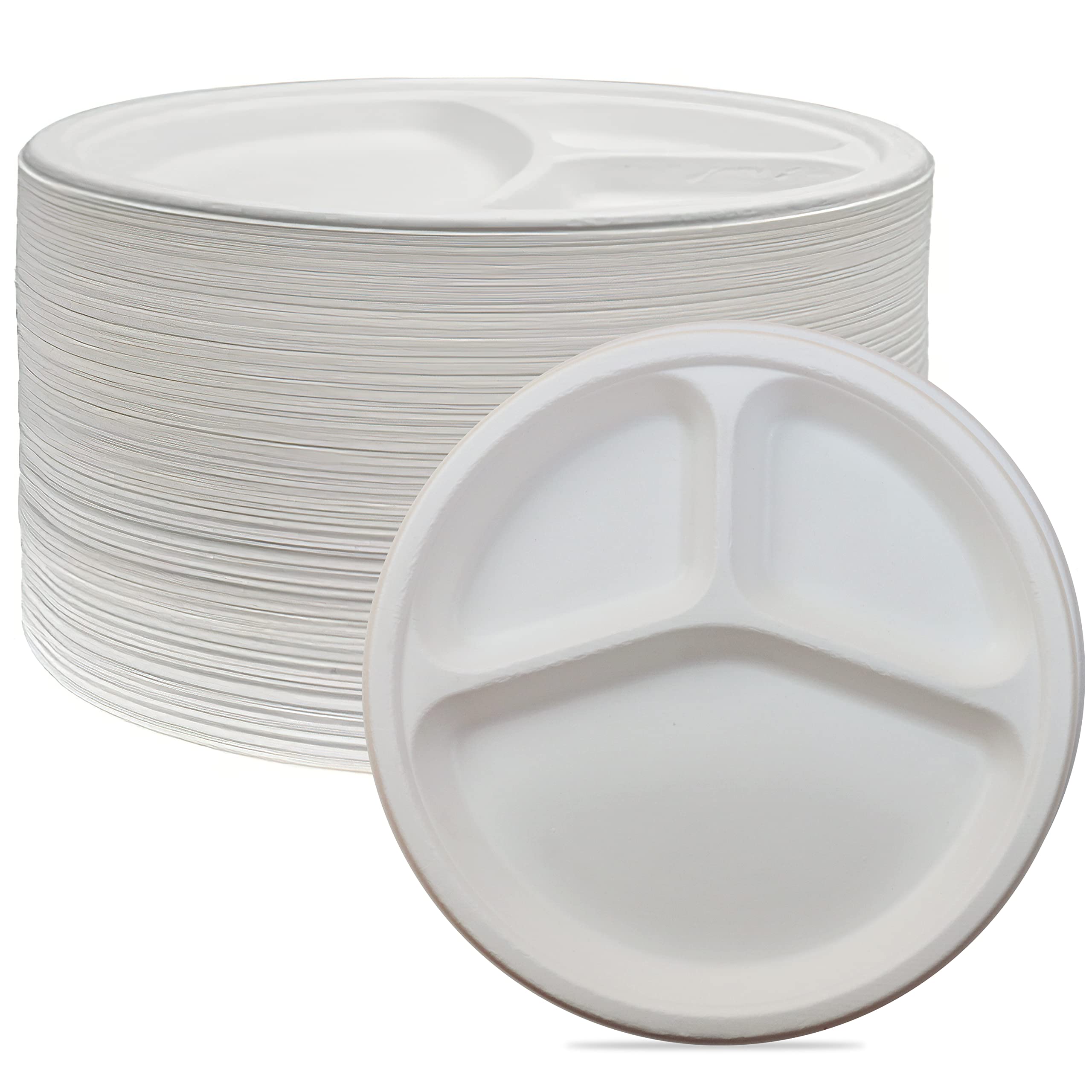 SIMOND STORE 10 Inch Compostable Paper Plates [125 Pack] - 3 Compartment Biodegradable Sugarcane Bagasse Plates for Parties, BBQ, Wedding & Events - Heavy Duty Eco-Friendly Disposable Dinnerware for Picnics, Catering & Family Gatherings