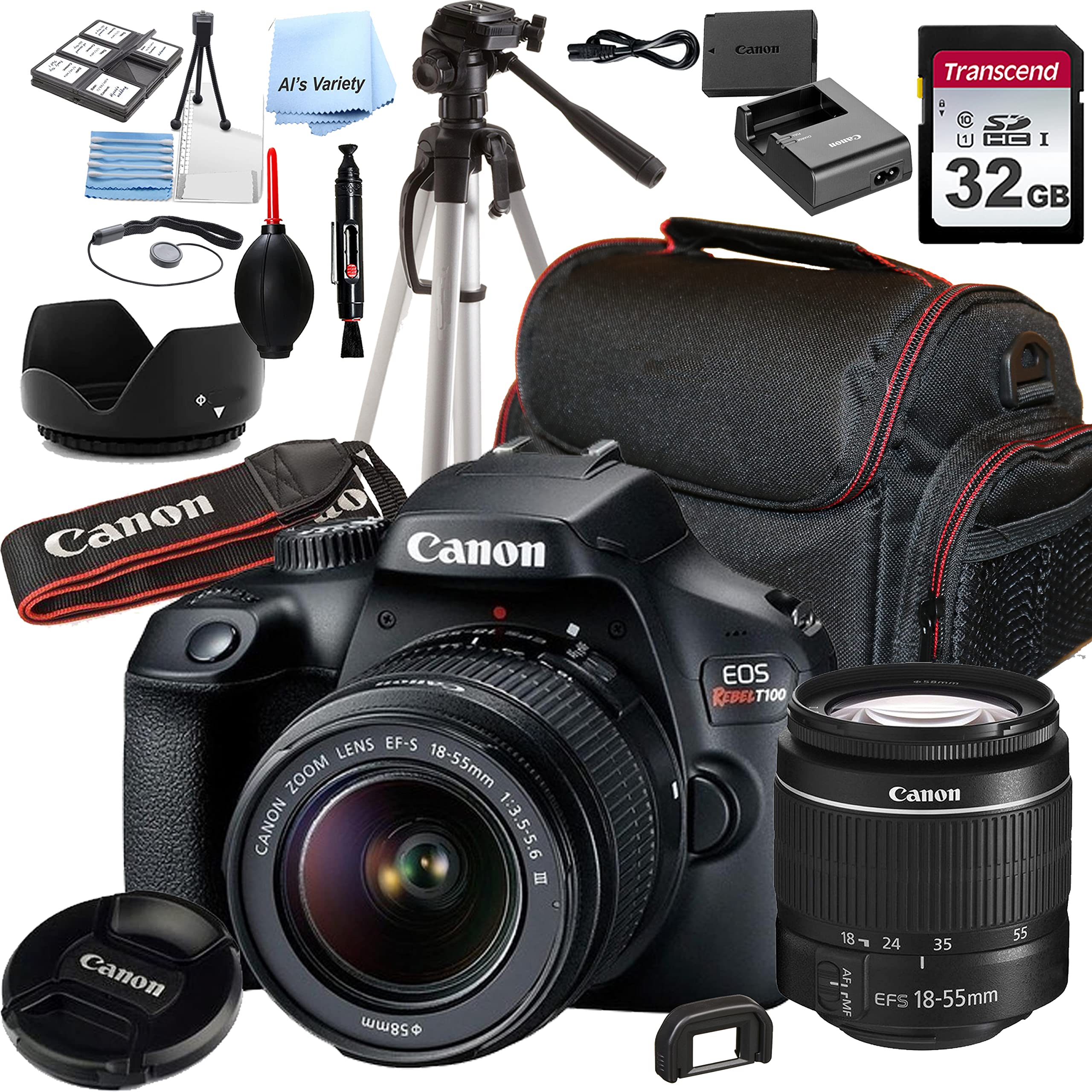 Canon EOS Rebel T100 DSLR Camera Bundle with EF-S 18-55mm Lens, 32GB Memory Card, Case, Tripod & 20pc Filters Kit (Renewed) - Perfect for Travel Photography, Vlogging & Beginner Photographers