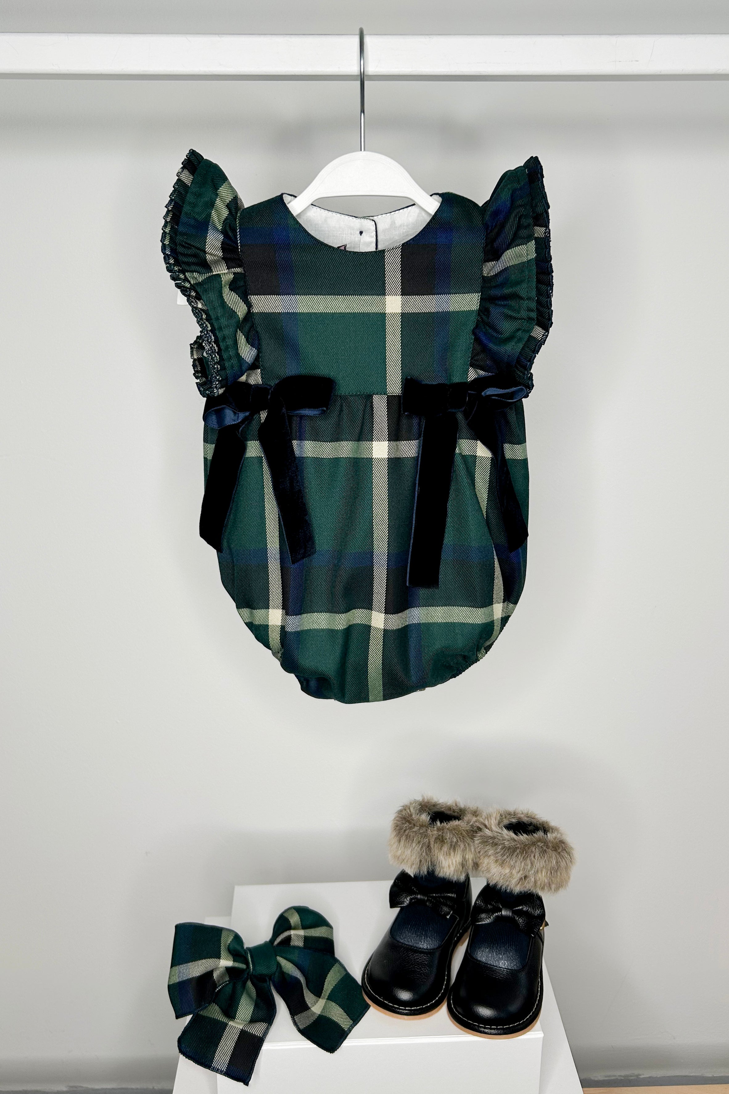 Jemima Bottle Green Tartan Romper for Baby Girls - Soft Cotton Jumpsuit with Adjustable Straps - Perfect for Playdates, Parties, and Photo Shoots