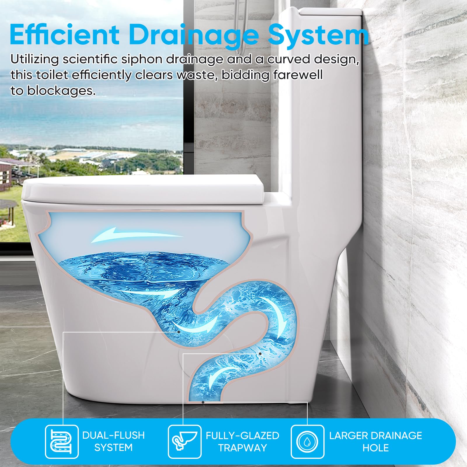 WIIS' IDEA One Piece Dual Flush Toilet - 1.6/1.0 GPF Water Saving, 15.5