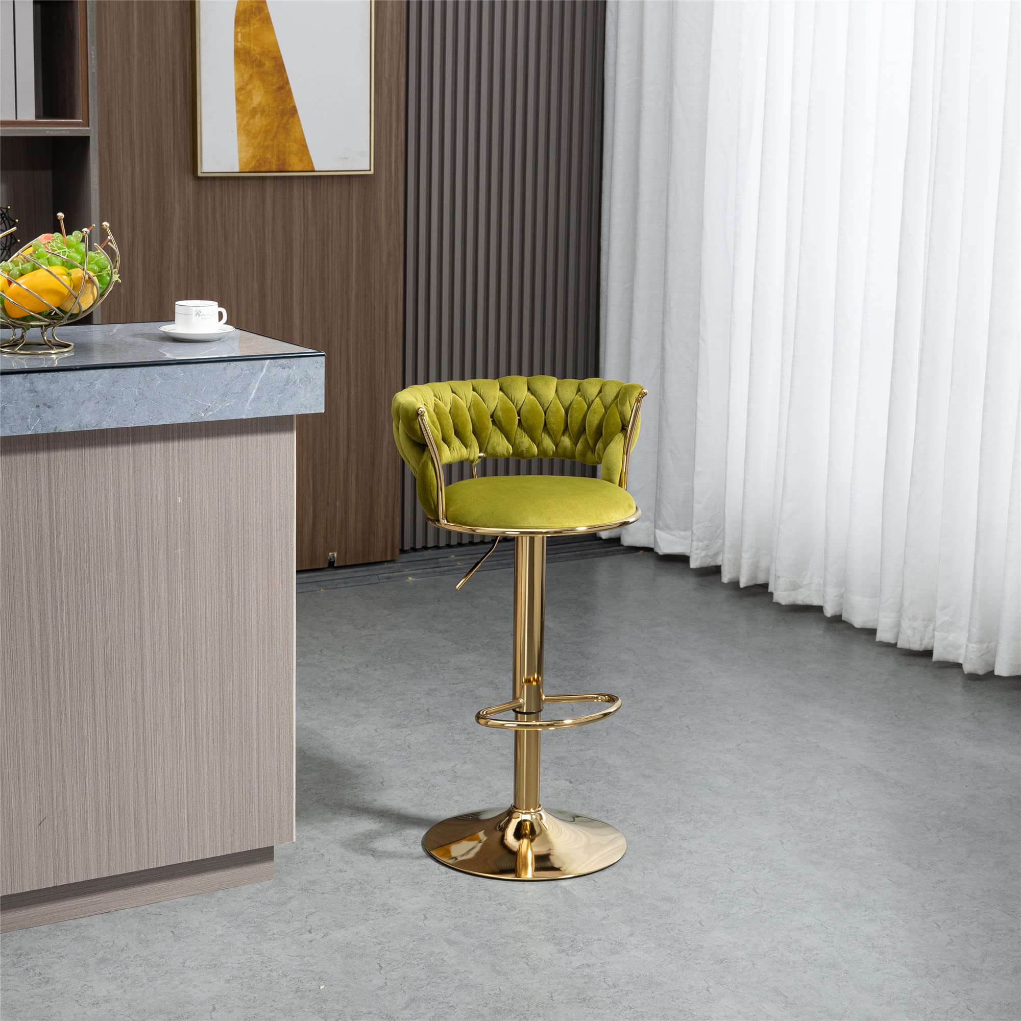 Modern Velvet Bar Stools with Gold Legs - Adjustable Height 360° Swivel Bar Chairs with Backrest & Footrest - Soft Upholstered Counter Stools for Kitchen Island, Home Bar, Cafe, Restaurant & Office (Emerald Green)