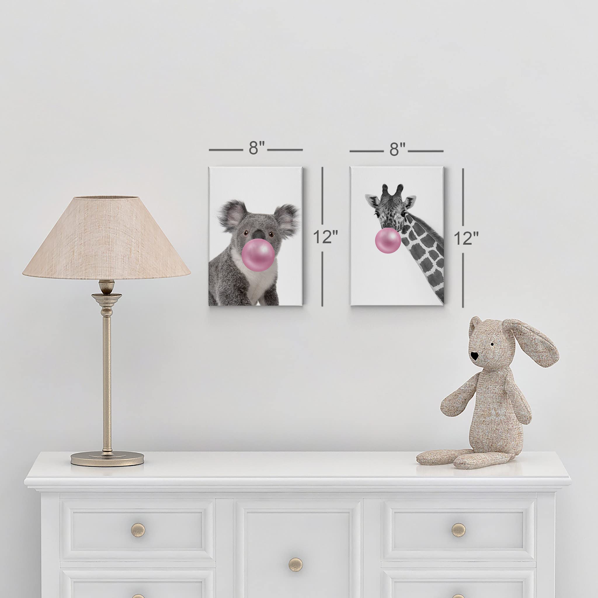 Koala & Giraffe Bubble Gum Art Canvas Print Set - 2 Panel Pink Gum Black White Wall Decor for Nursery, Baby Room, Kids Bedroom - Ready to Hang 40x30 - Made in USA | Perfect for Animal-Themed Nursery Decor & Children's Playroom Wall Art
