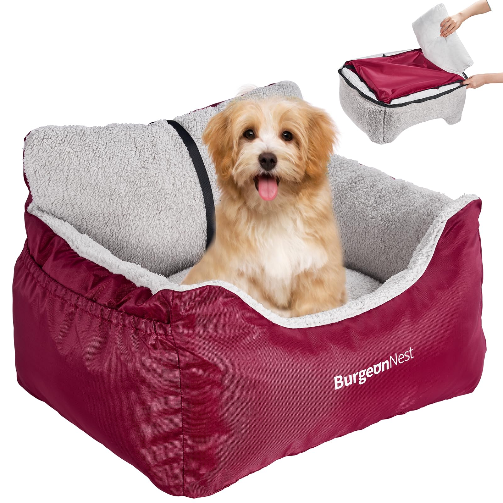 **BurgeonNest Small Dog & Cat Car Seat – Detachable, Washable Pet Booster for Pets Under 25 lbs – Soft Travel Carrier with Storage Pockets & Clip-On Leash (Red) – Perfect for Road Trips & Daily Commutes**