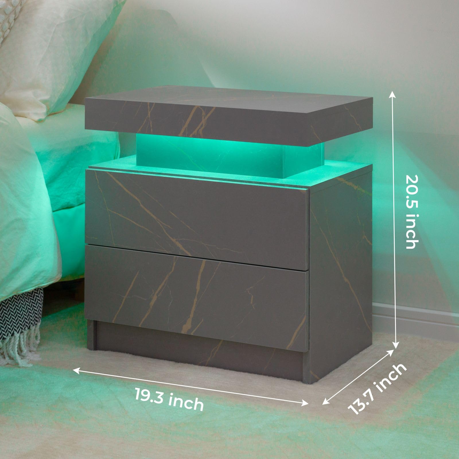 2 Drawer LED Nightstand Set of 2 - Modern Bedside Table with Soft Glow Lighting for Bedroom, Living Room or Dorm - Wooden End Table with Storage Space & USB Charging Ports