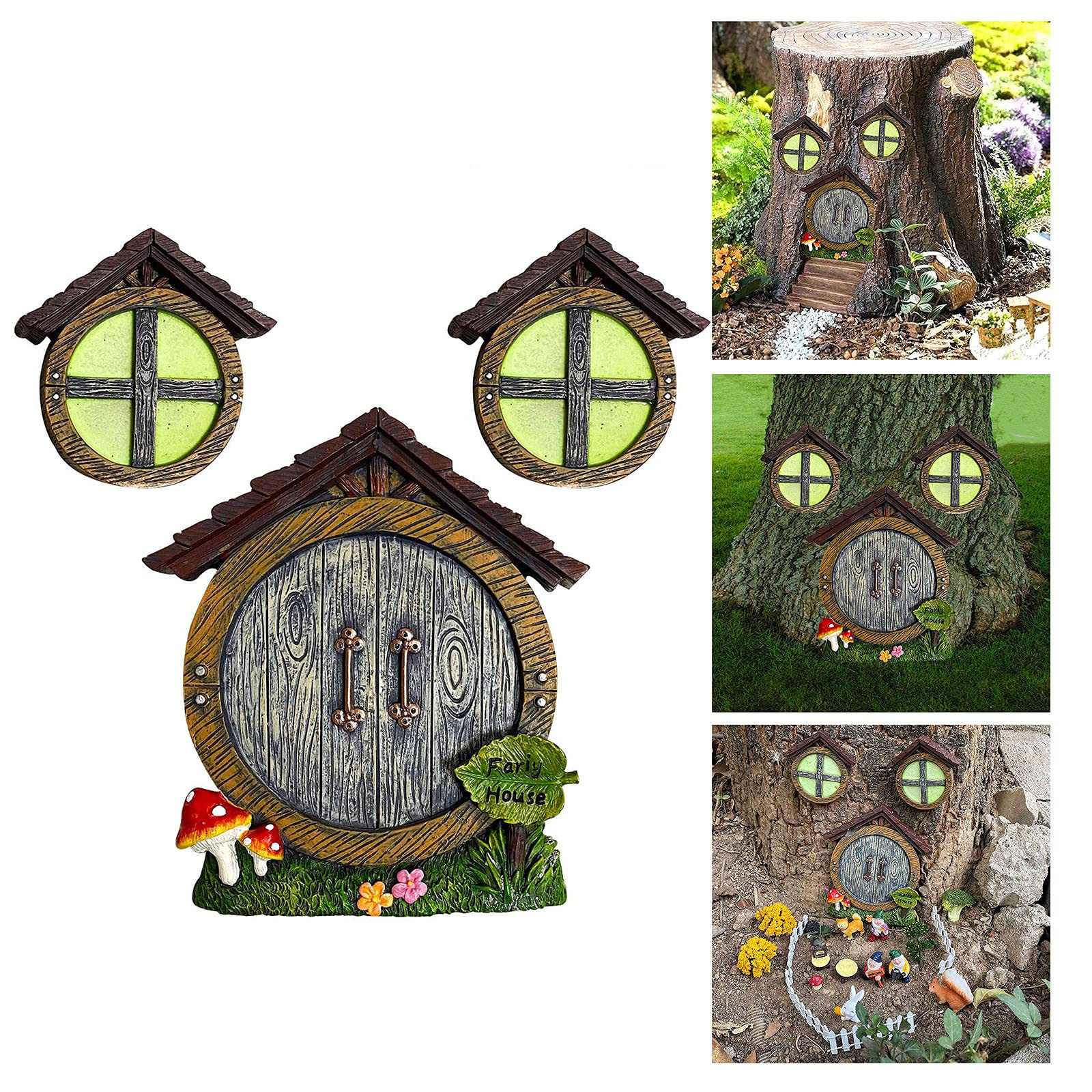 Ymibull Miniature Gnome Home Decor - Whimsical Window & Door Tree Ornament for Garden, Yard, and Outdoor Sculpture Art | Perfect for Fairy Gardens, Landscape Decor, and Holiday Displays