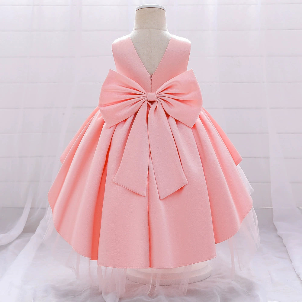 Pink Princess Round Tea Length Satin Flower Girl Dress for Weddings, Birthday Parties & Special Occasions