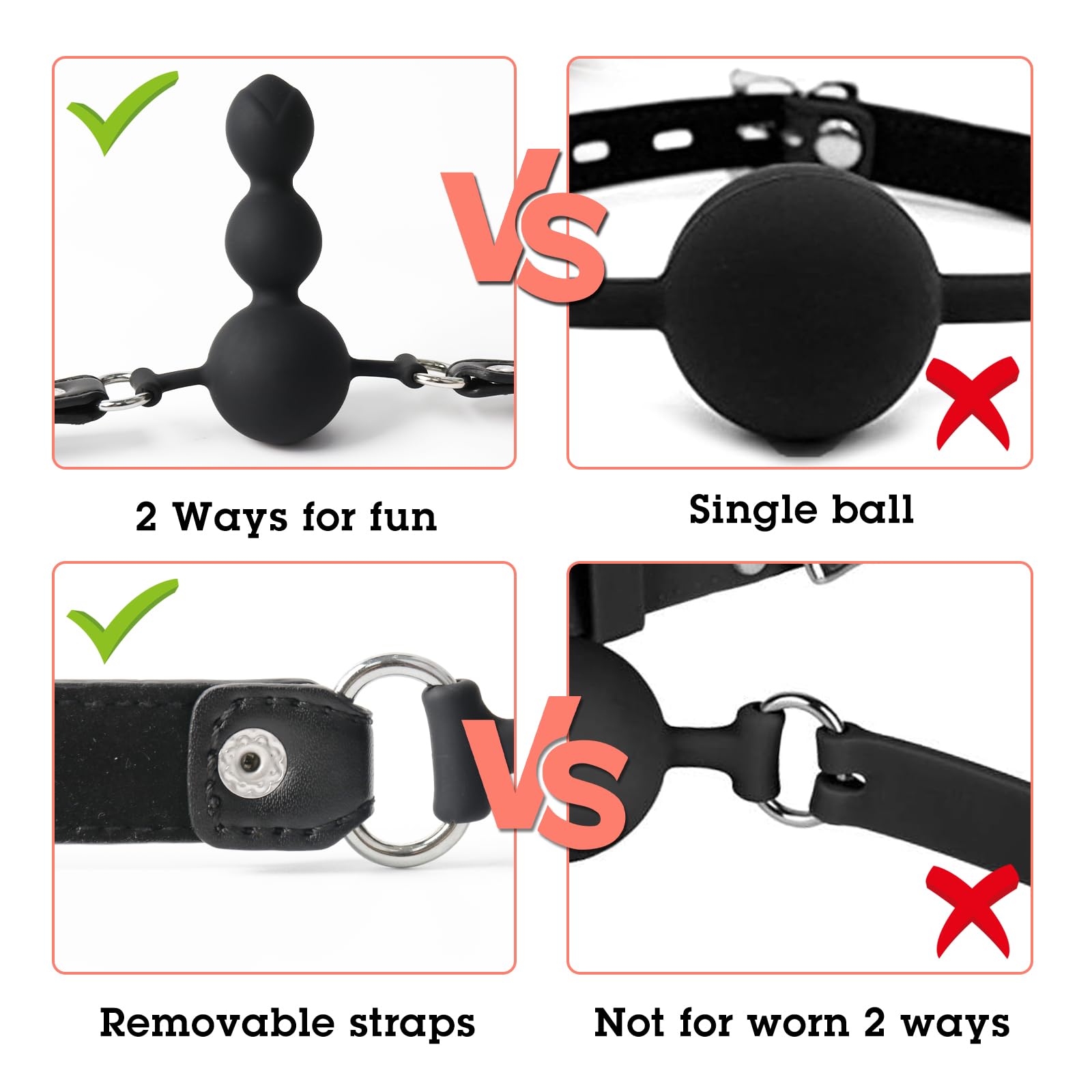 BDSM Ball Gag Sex Toy - Adjustable Leather Strap Silicone Mouth Gag with Beads for Bondage Play - Adult Kinky Toys for Couples, Men & Women - Perfect for Role Play, BDSM Scenes & Spicing Up Your Sex Life