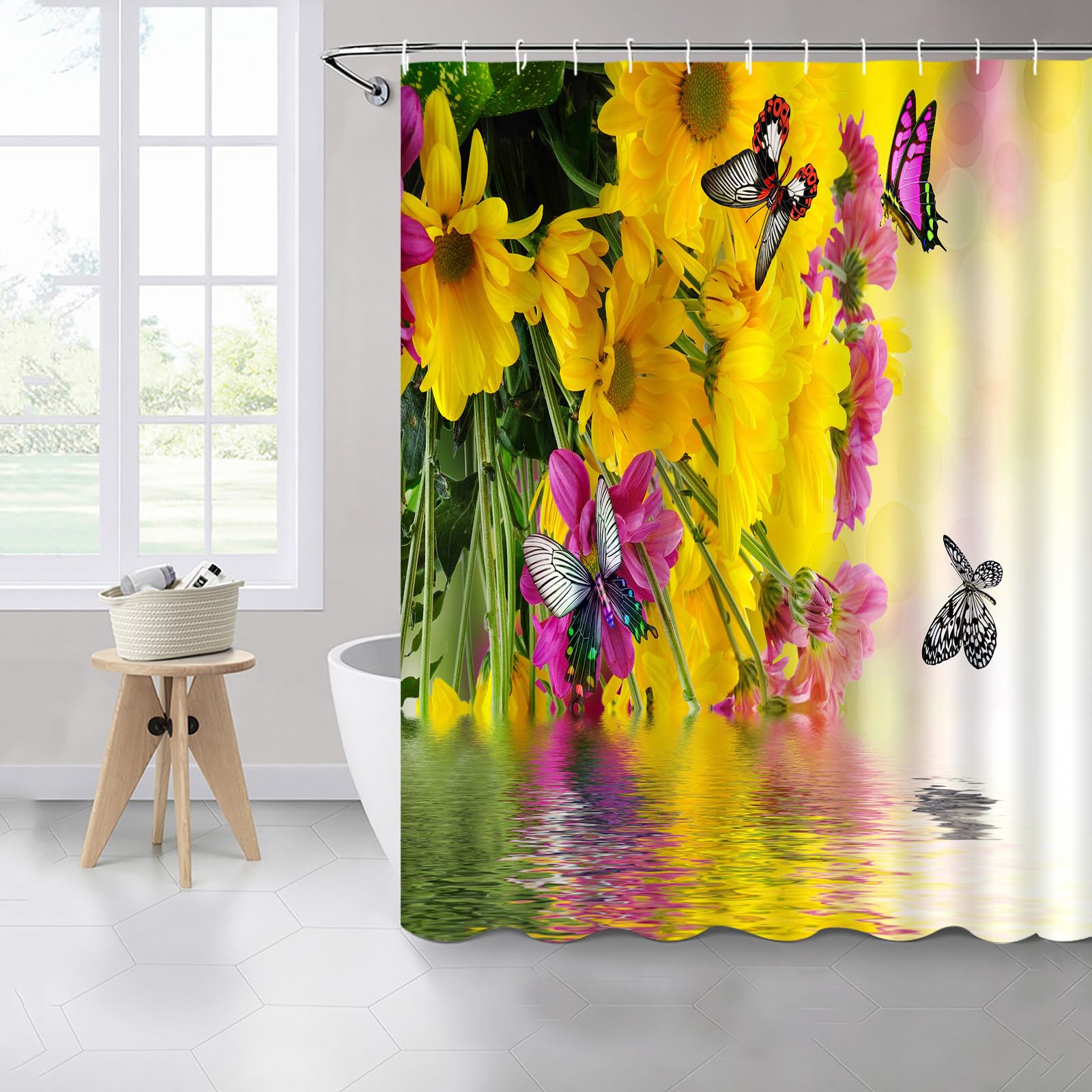 Butterfly Shower Curtain - Yellow Floral Spring Scenery with Water Reflection Design - 70x70 Inch Polyester Bathroom Decor Set with Hooks - Perfect for Summer, Boho & Nature-Themed Bathrooms
