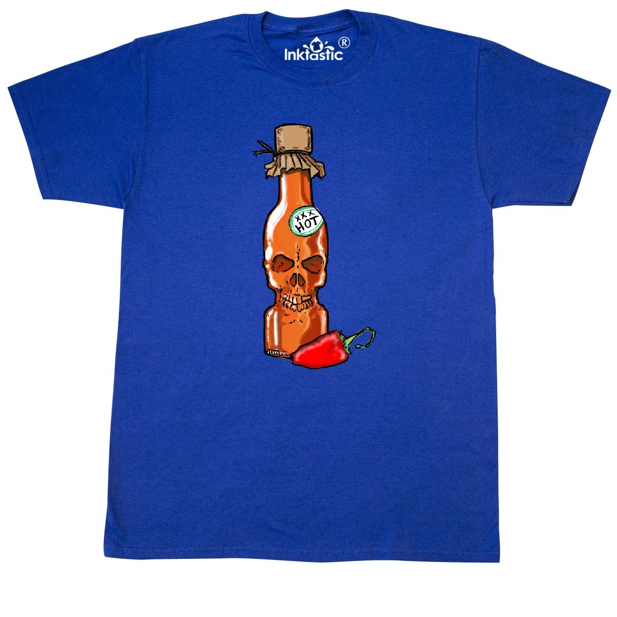 Inktastic Hot Sauce Skull Bottle with Pepper Graphic T-Shirt for Men & Women - Spicy Food Lover Tee for Halloween, Cooking Enthusiasts & Hot Sauce Fans