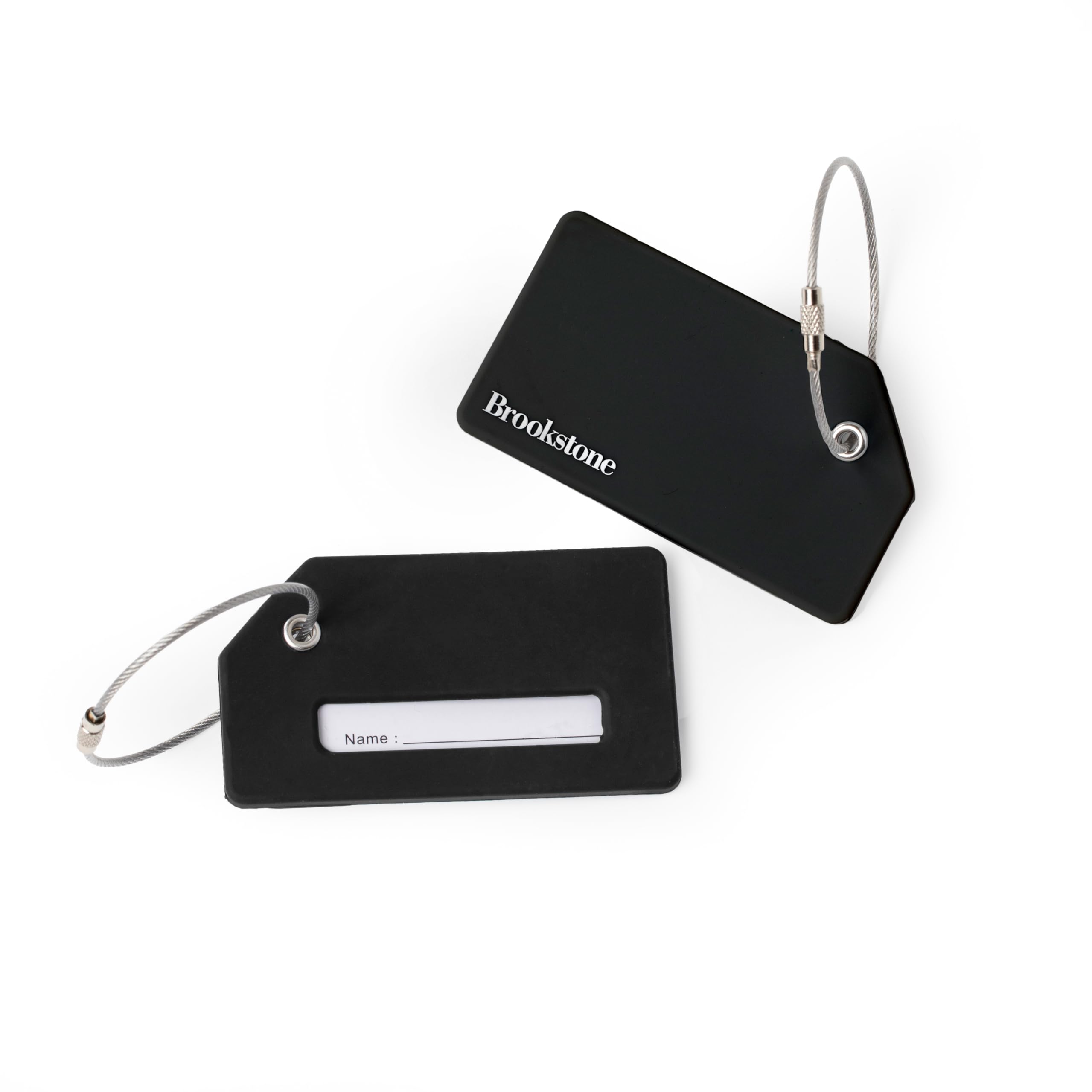Brookstone Silicone Luggage Tags (2 Pack) - Durable Travel Suitcase ID Tags with Name Card & Steel Loop Fastener - Perfect for Airports, Cruise Ships & Business Trips - Black