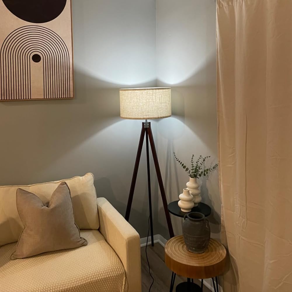 LEPOWER Mid Century Modern Wood Tripod Floor Lamp - Walnut Finish with Flaxen Shade, E26 Base - Perfect for Living Room, Bedroom, Study & Office Lighting | Reading Lamp, Task Light, Ambient Lighting Solution