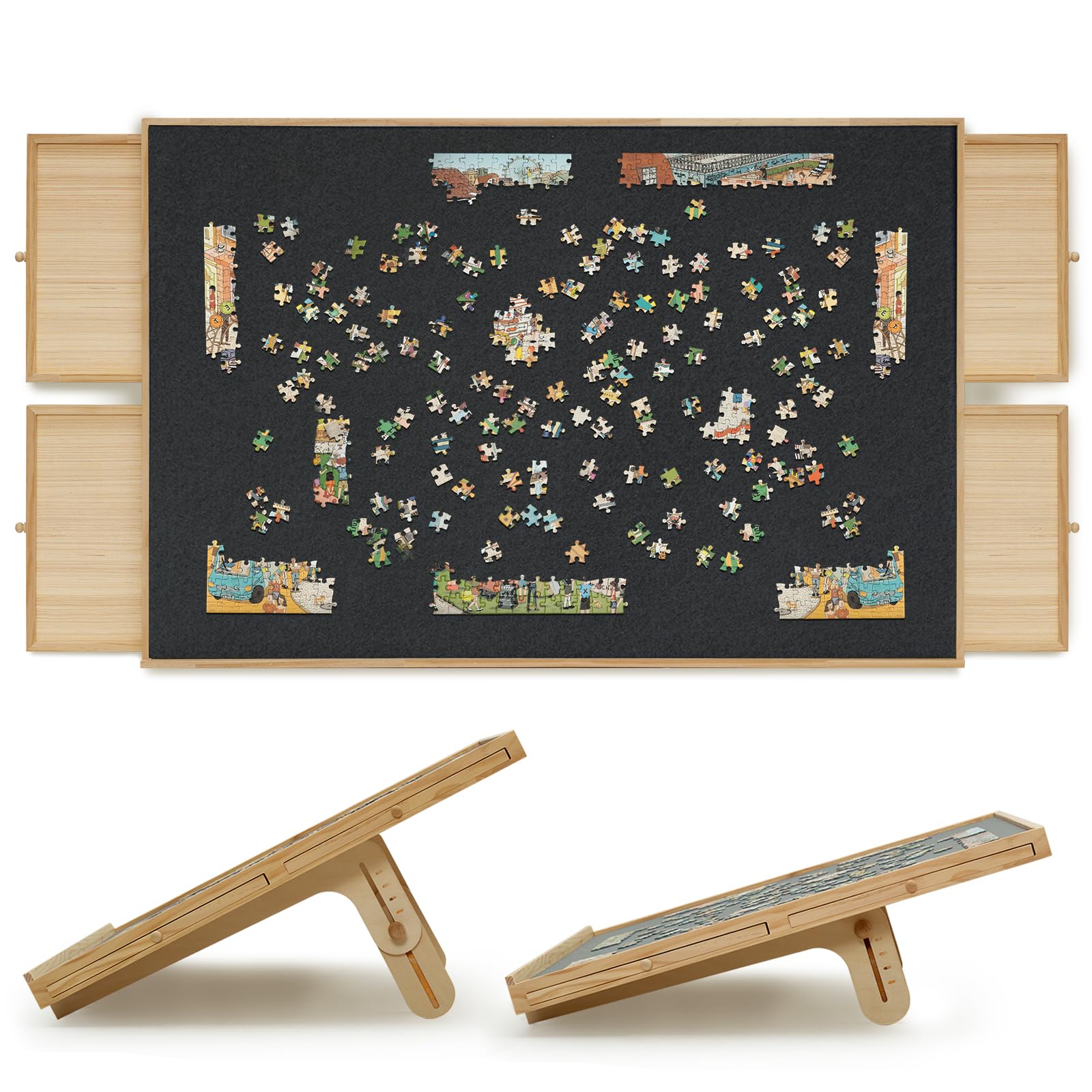 2000-Piece Felt Puzzle Board with 4 Drawers & Cover - 2-in-1 Adjustable Tilt Puzzle Table - 41