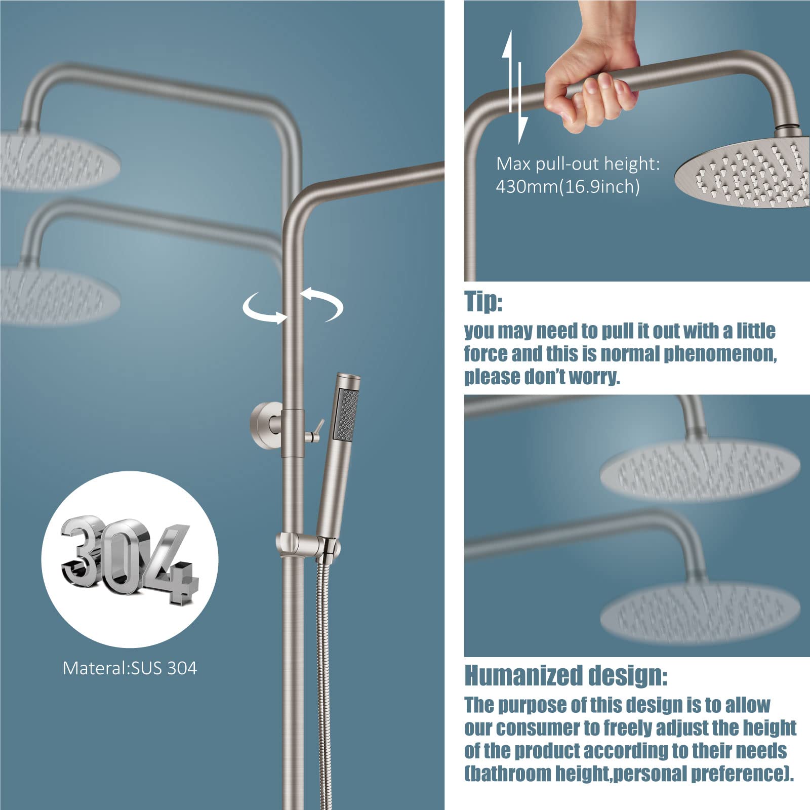 Aolemi 8 Inch Stainless Steel Shower Faucet Set - SUS304 Rainfall Shower Head with Hand Spray, 3 Function Combo, Brushed Nickel Finish - Perfect for Outdoor, Garden, and Patio Use