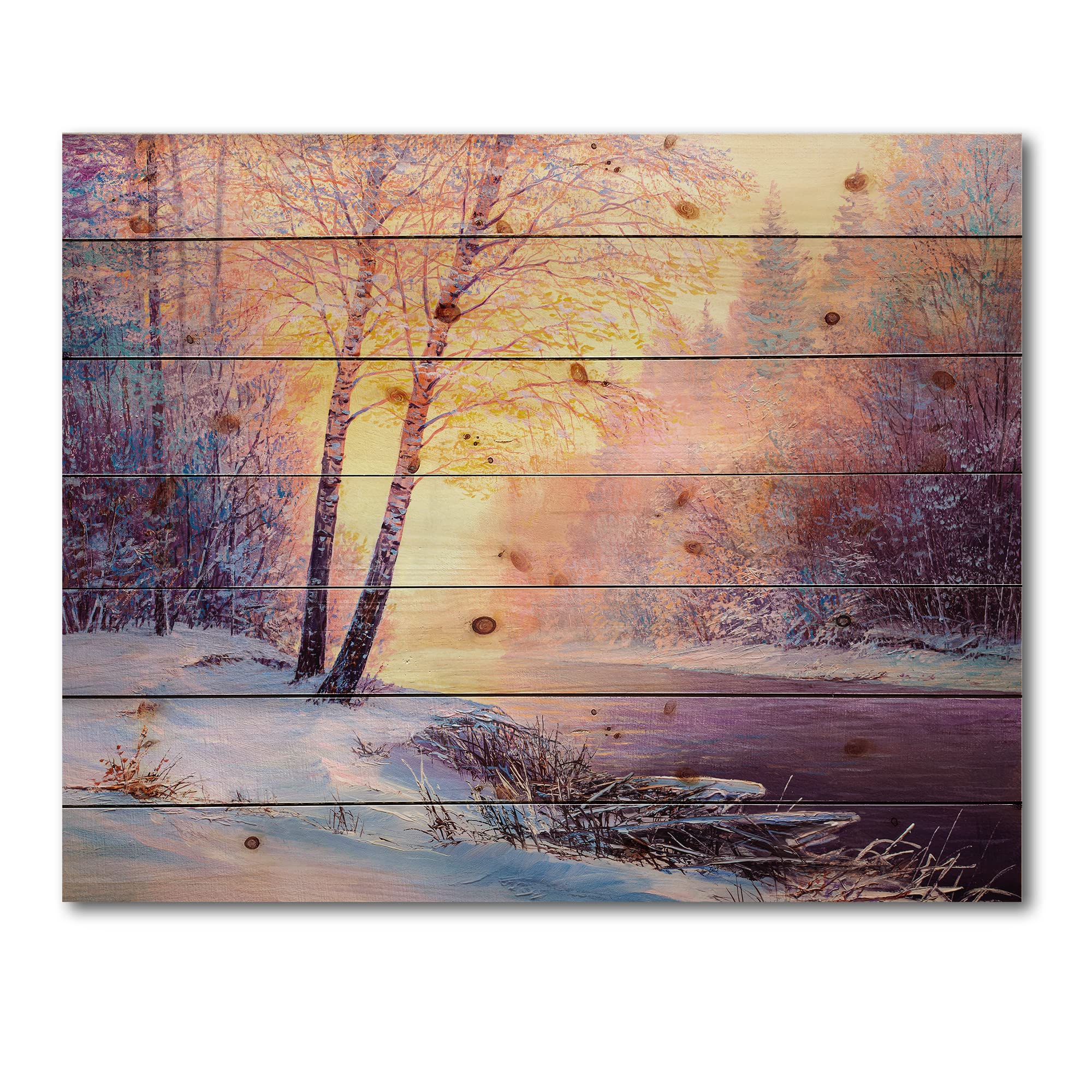 Winter Scenery With Bridge Of Meandering River II - Lake House Art Print on Natural Pine Wood - Perfect for Cabin, Lodge & Home Decor