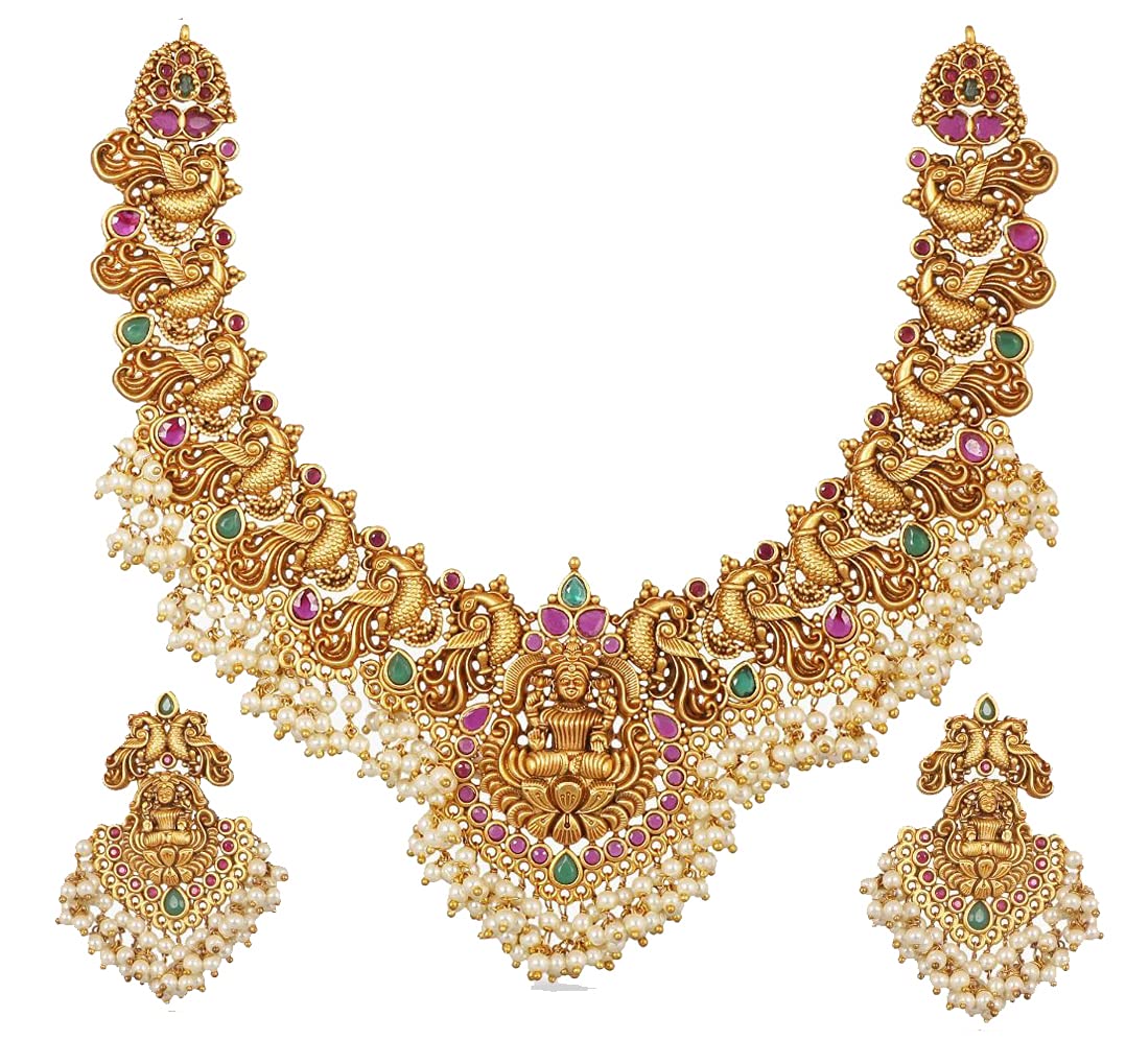 Antique Gold Plated Cira Short Necklace Set with Floral Design - Traditional South Indian Jewelry for Women | Perfect for Weddings, Festivals & Ethnic Occasions | Elegant Bridal Accessory | 1 Year Warranty